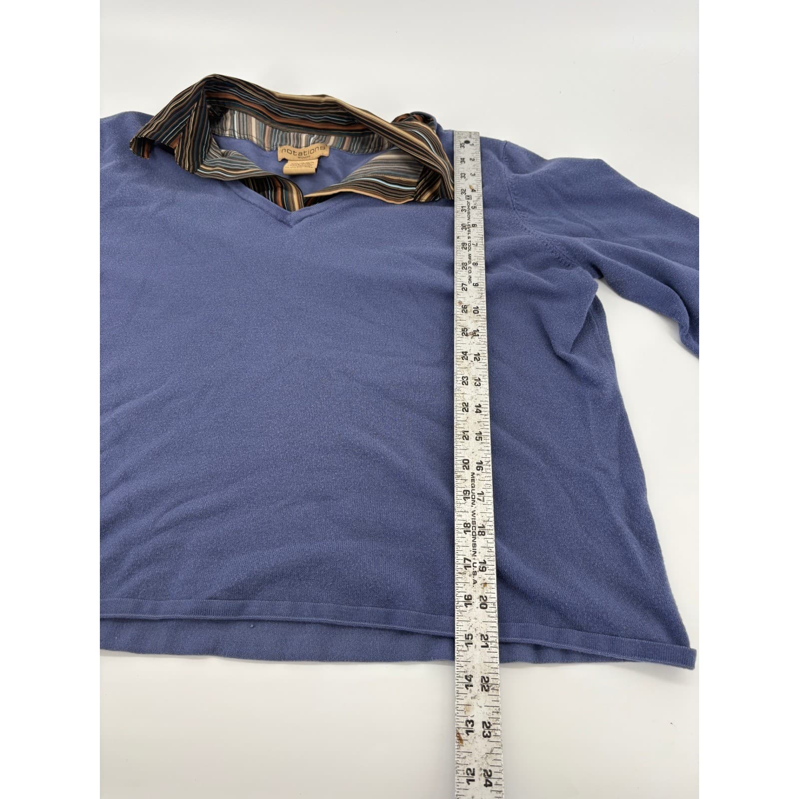 Notations Woman 1X Blue Long Sleeve V-Neck Pullover Sweater Striped Collar - Thumbnail 6
