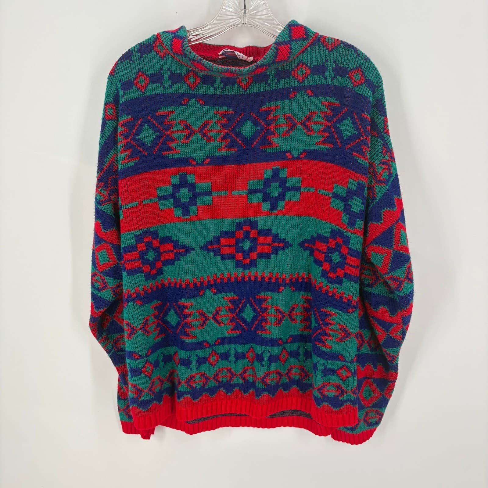 Glamour Knit Vintage Southwestern Sweater Red Blue Green Geometric Pattern - Thumbnail 2