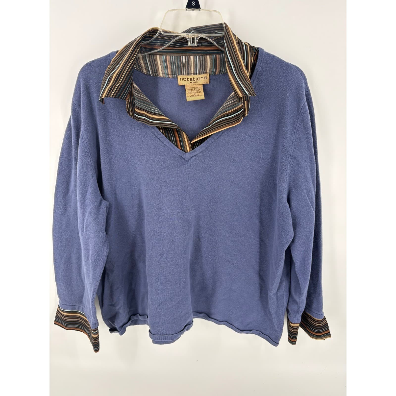 Notations Woman 1X Blue Long Sleeve V-Neck Pullover Sweater Striped Collar
