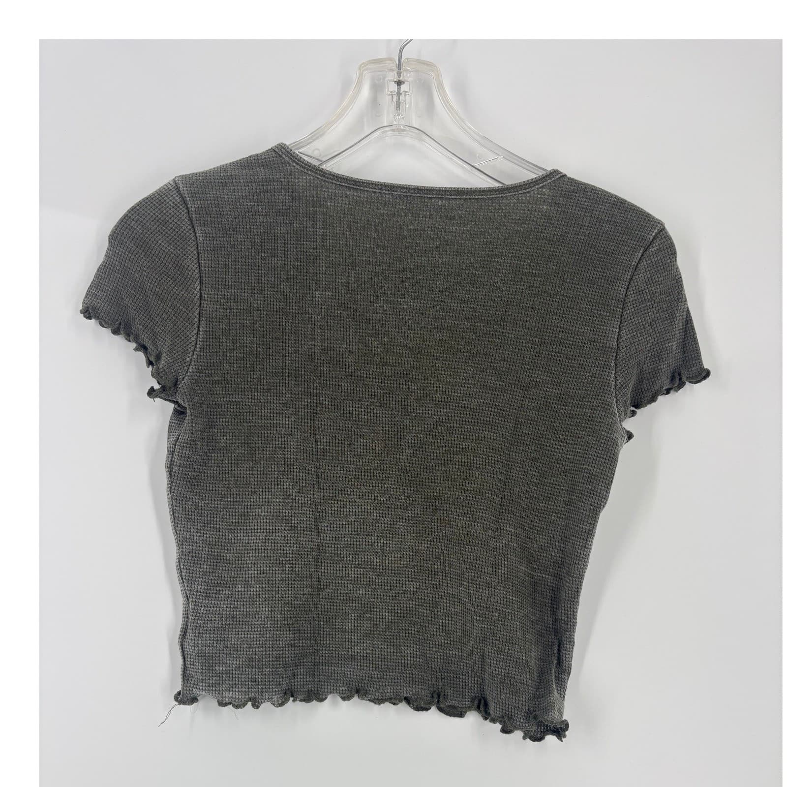 American Eagle Outfitters Grey Waffle Knit Lettuce Hem Cropped T Shirt Top XS - Thumbnail 2