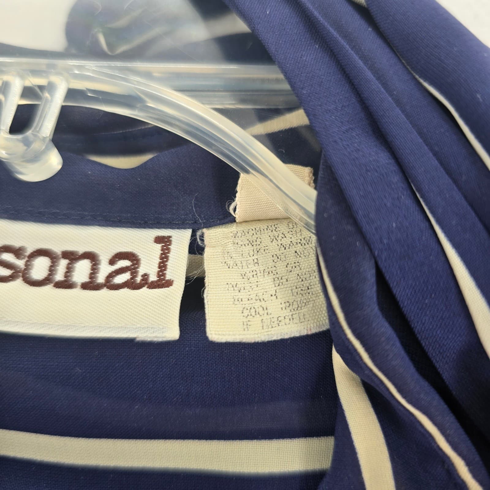Personal Blouse Womens 12 Button Up Navy Blue White Striped Neck Tie Long Sleeve - Thumbnail 4