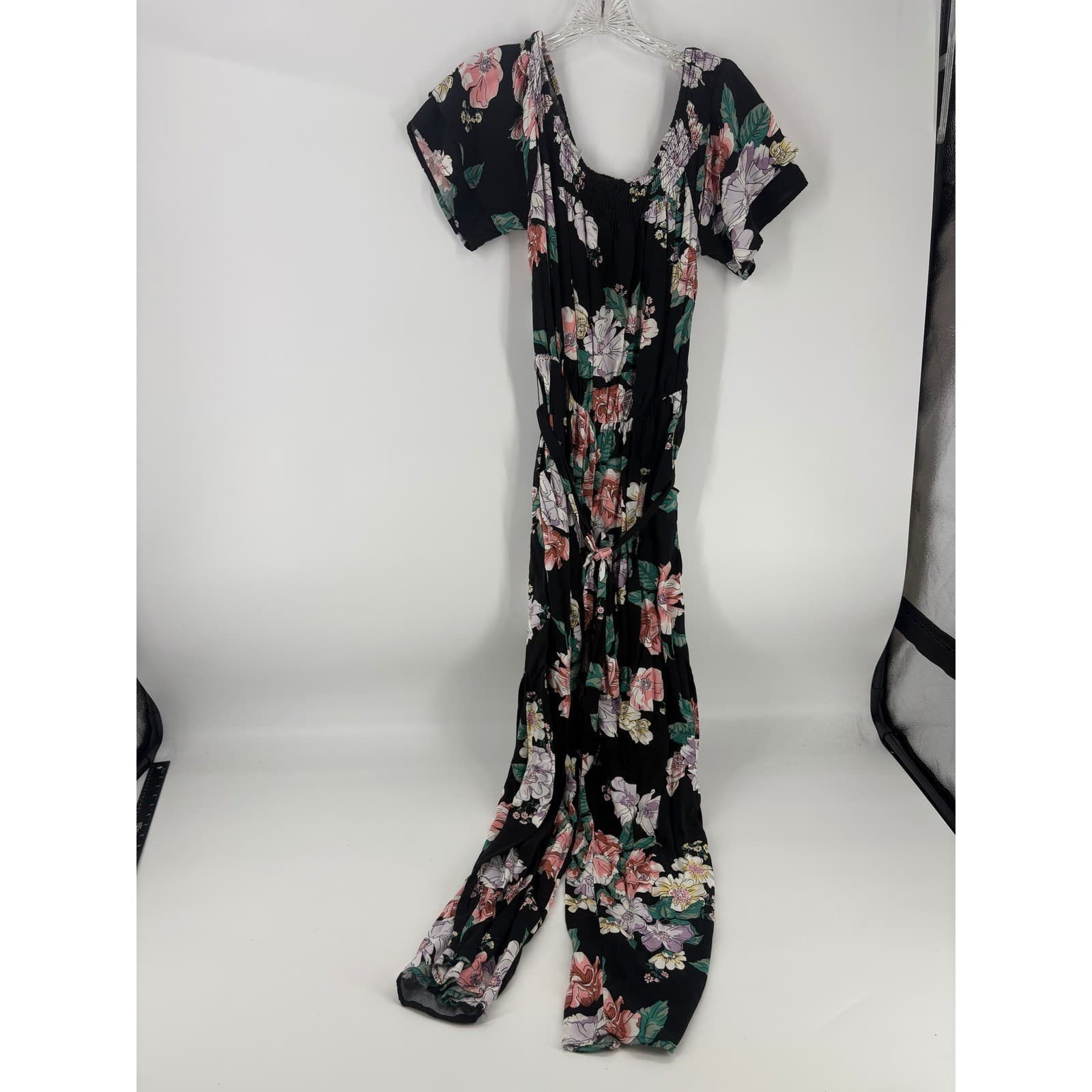 Eye†Shadow Black Floral Smocked Bodice Jumpsuit Wide Leg Belted - Thumbnail 2