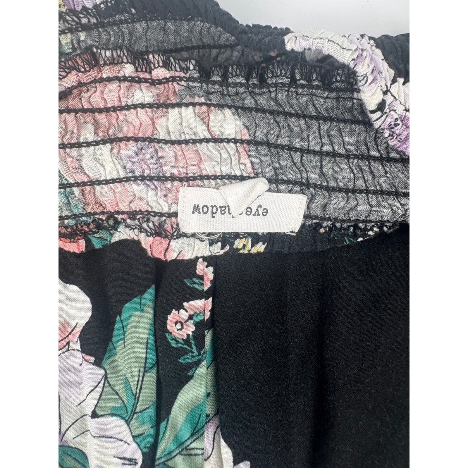 Eye†Shadow Black Floral Smocked Bodice Jumpsuit Wide Leg Belted - Thumbnail 3
