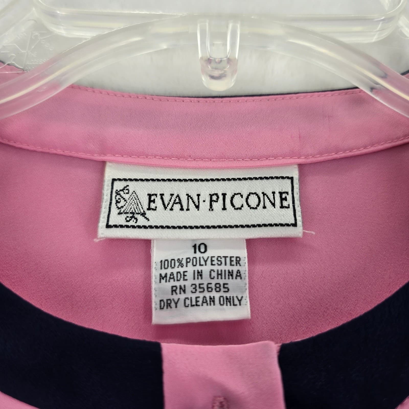 Evan Picone Blouse Womens 10 Button Front Pink Navy Blue Contrast Trim Pocket - Thumbnail 2