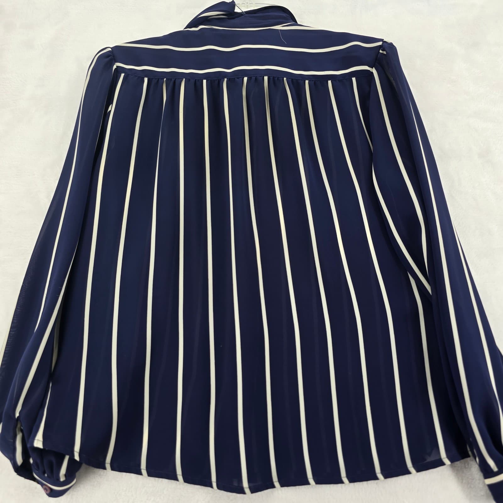 Personal Blouse Womens 12 Button Up Navy Blue White Striped Neck Tie Long Sleeve - Thumbnail 7