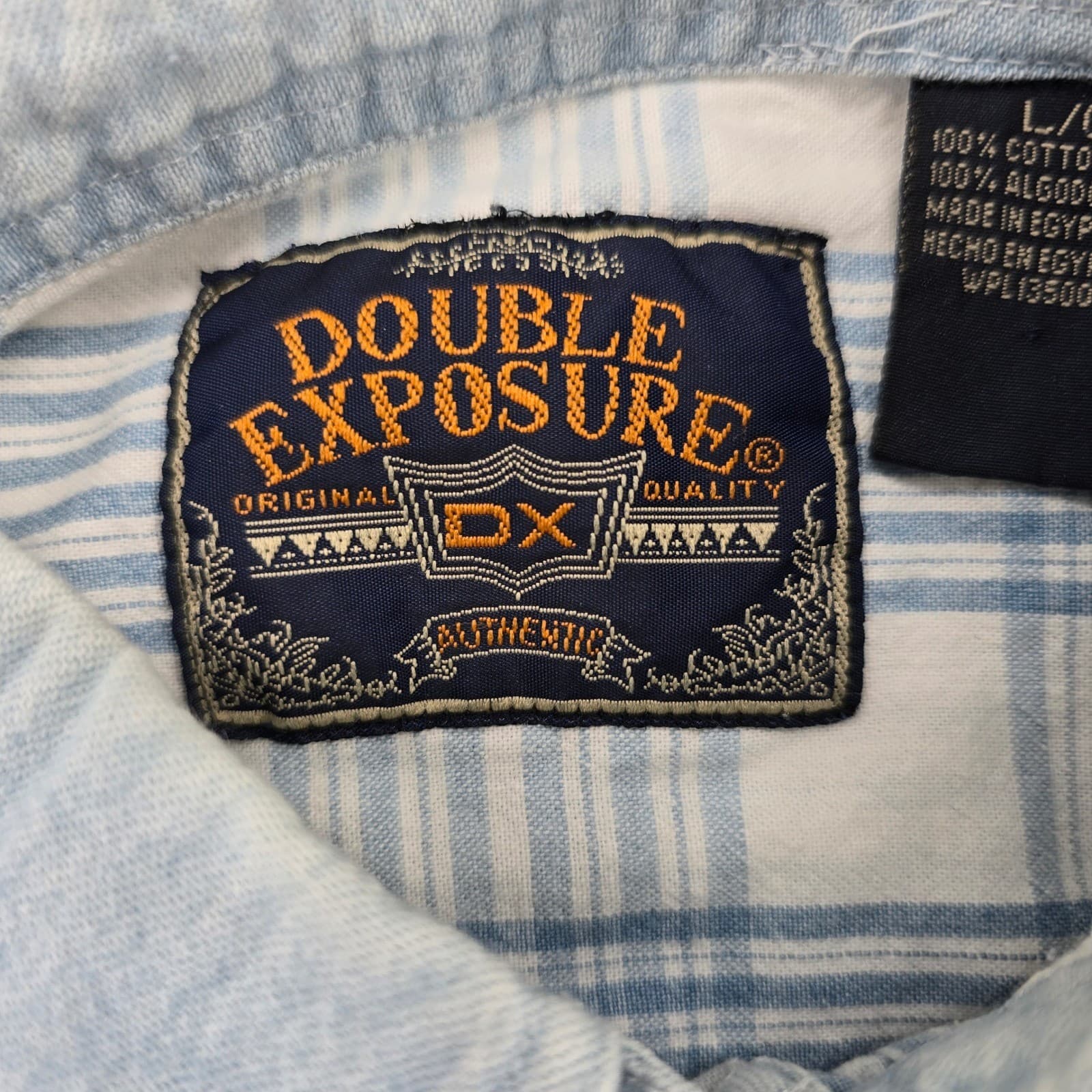 Double Exposure Shirt Mens L Button Down Blue White Plaid Cotton Long Sleeve - Thumbnail 2