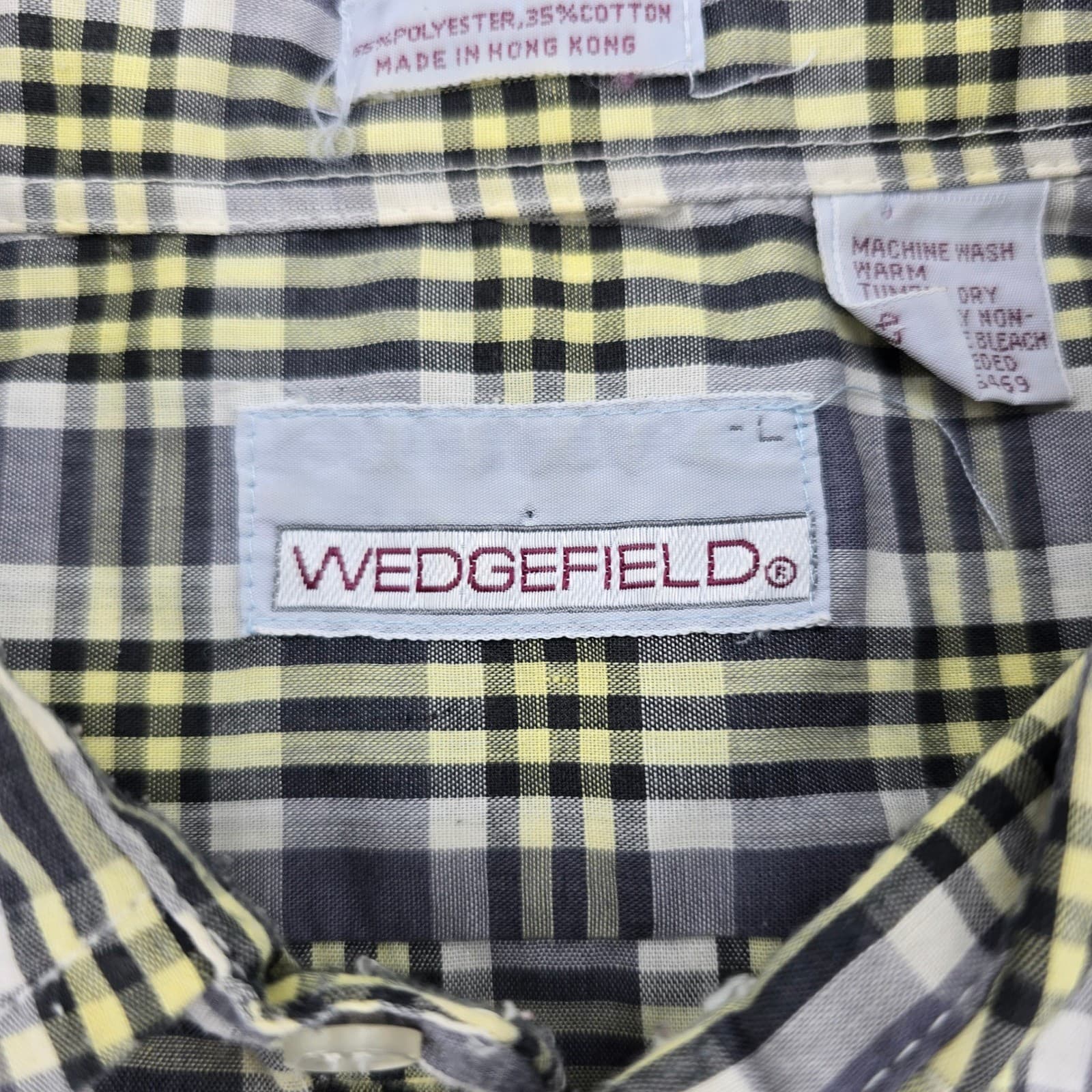Wedgefield Button Down Mens L Shirt Grey Yellow Plaid Long Sleeve Pocket 6828 - Thumbnail 2
