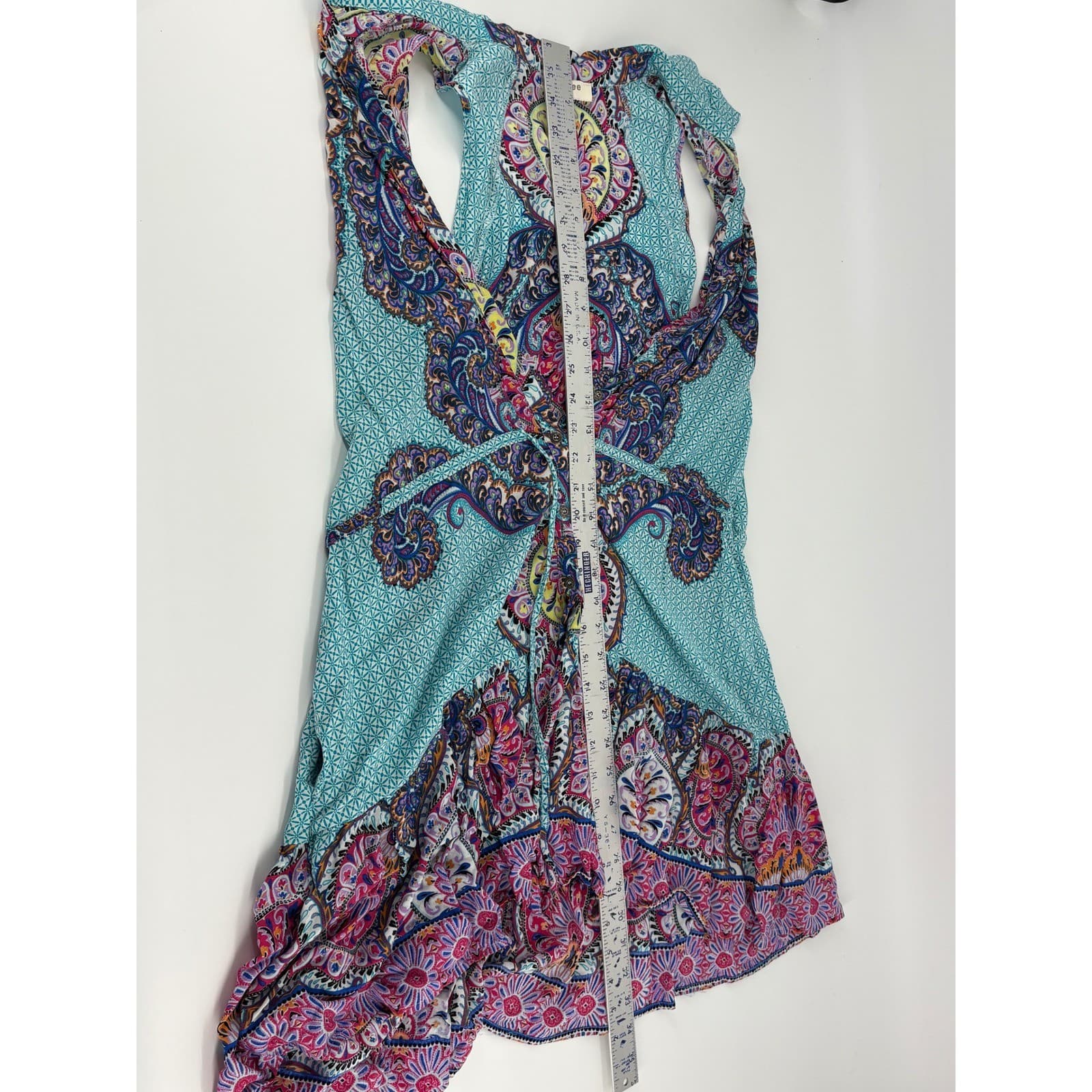 Umgee USA Turquoise Blue Sleeveless Paisley Print Tie Waist Dress Large * - Thumbnail 6