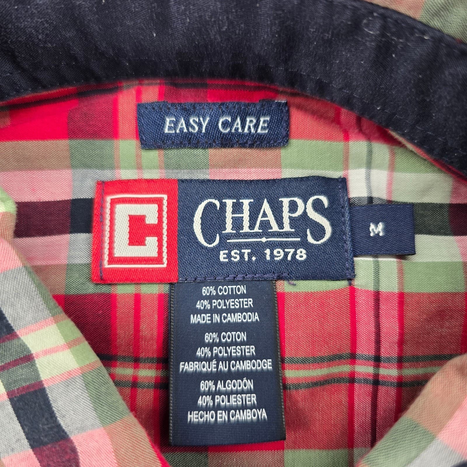 Chaps Button Down Mens Medium Shirt Red Green Plaid Easy Care Long Sleeve - Thumbnail 2