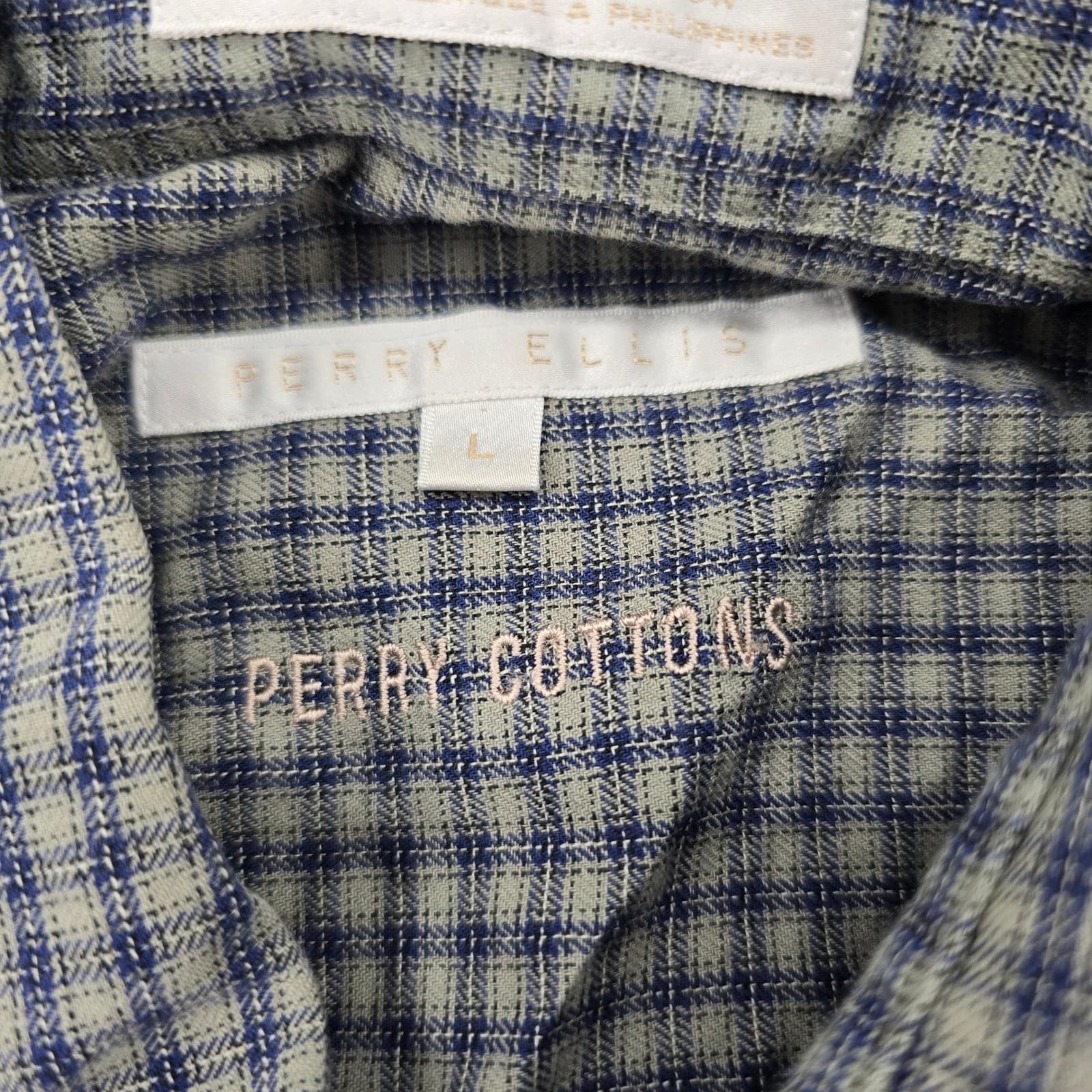 Perry Ellis Button Down Mens L Shirt Blue Grey Plaid Perry Cottons Long Sleeve - Thumbnail 2