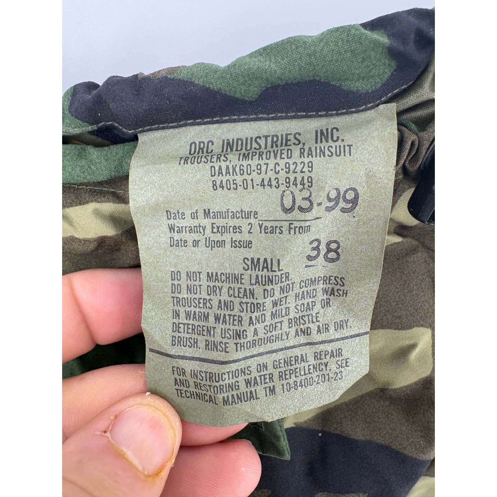 ORC Industries Trousers Improved Rainsuit Camo Military Pants Mens Small - Thumbnail 2