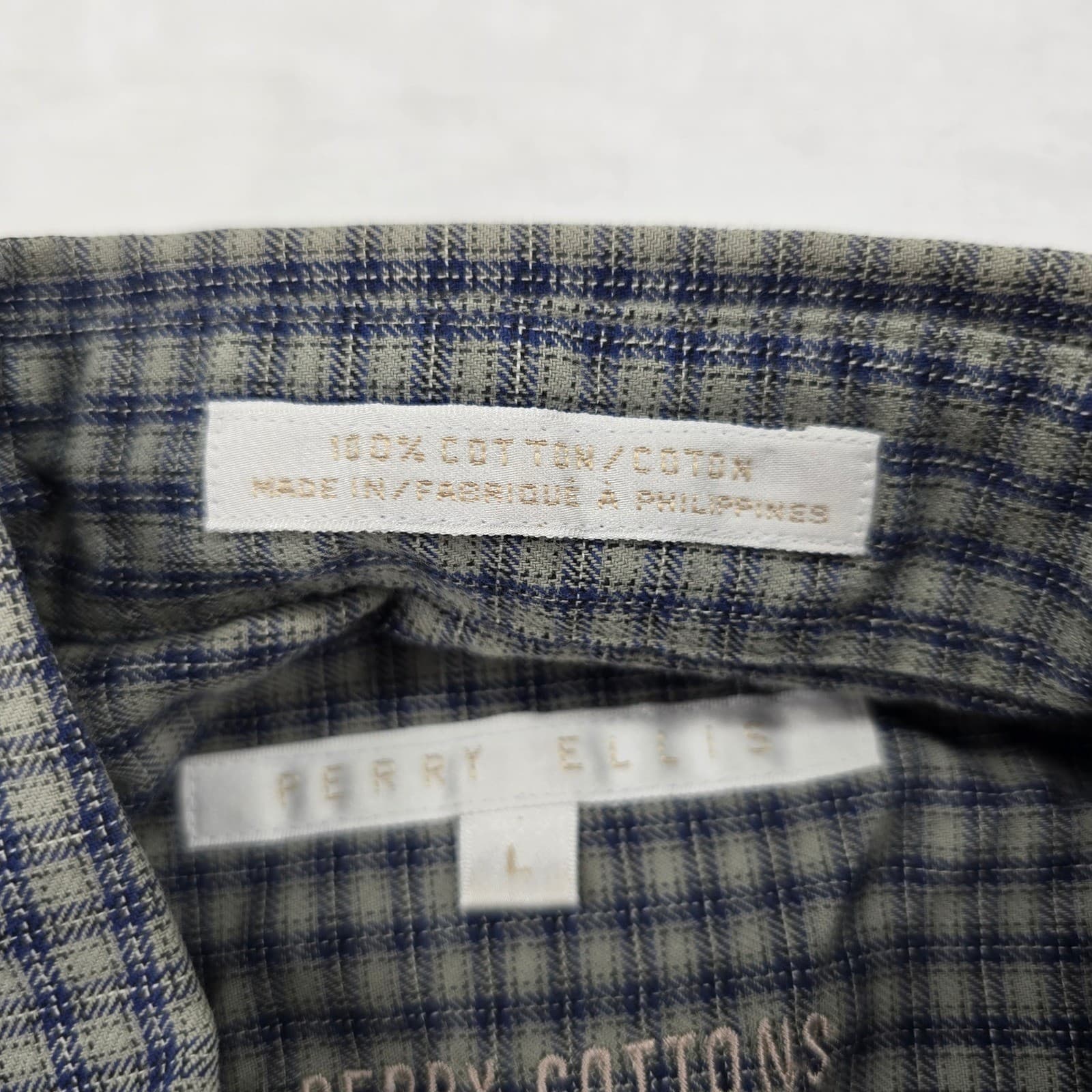 Perry Ellis Button Down Mens L Shirt Blue Grey Plaid Perry Cottons Long Sleeve - Thumbnail 3