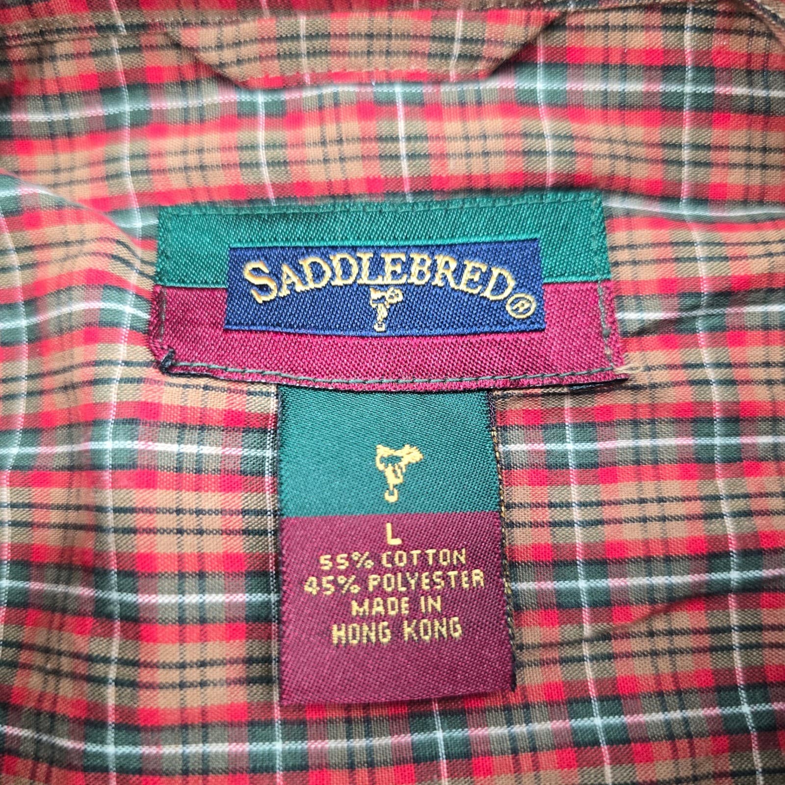 Saddlebred Button Down Shirt Mens L Long Sleeve Red Green Plaid Cotton Blend - Thumbnail 2