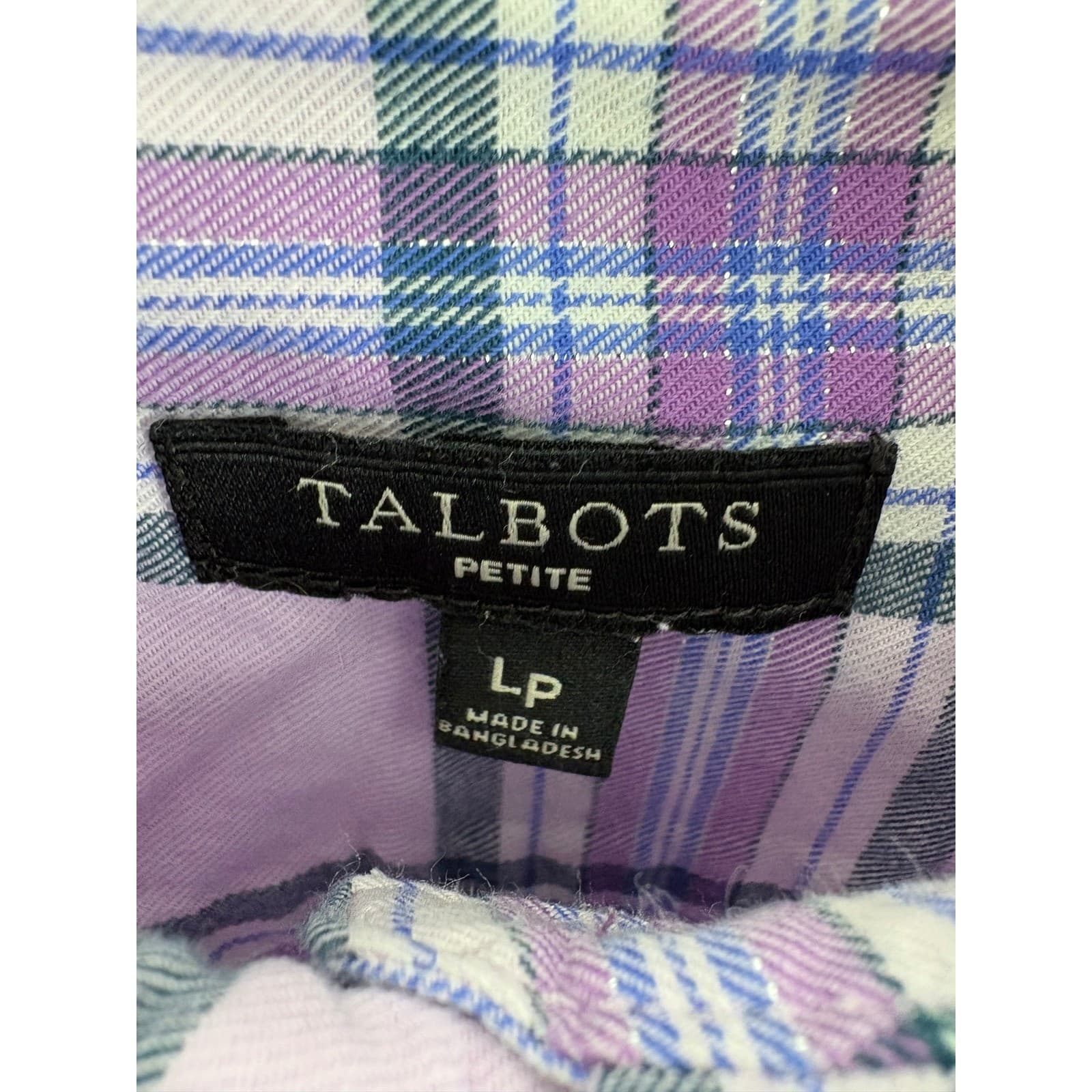Talbots Petite Plaid Button Down Shirt Women's Long Sleeve Purple White Green LP - Thumbnail 3