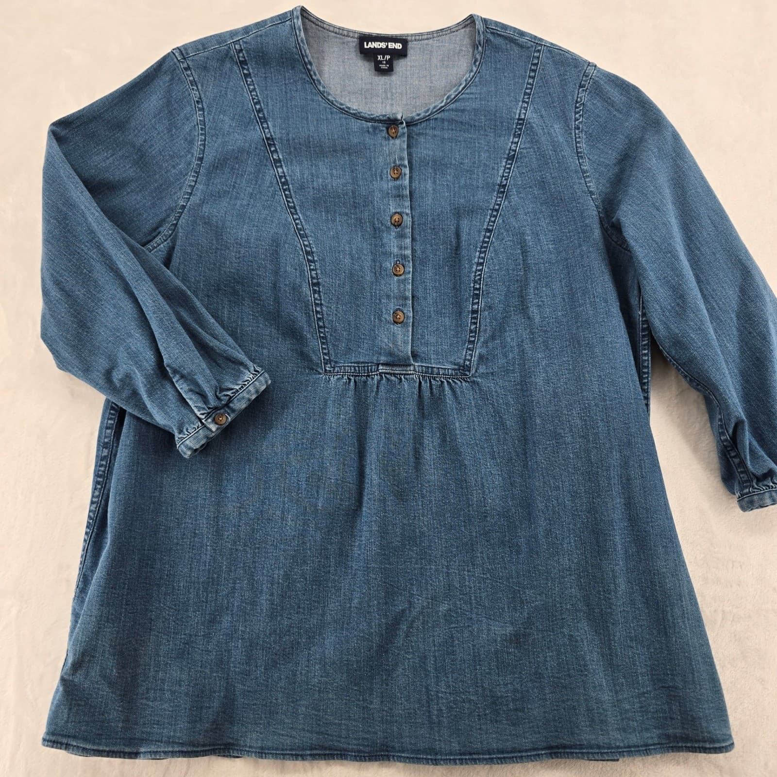 Lands' End Tunic Womens XL/P Tunic Blue Denim Henley Neck Long Sleeve 6894