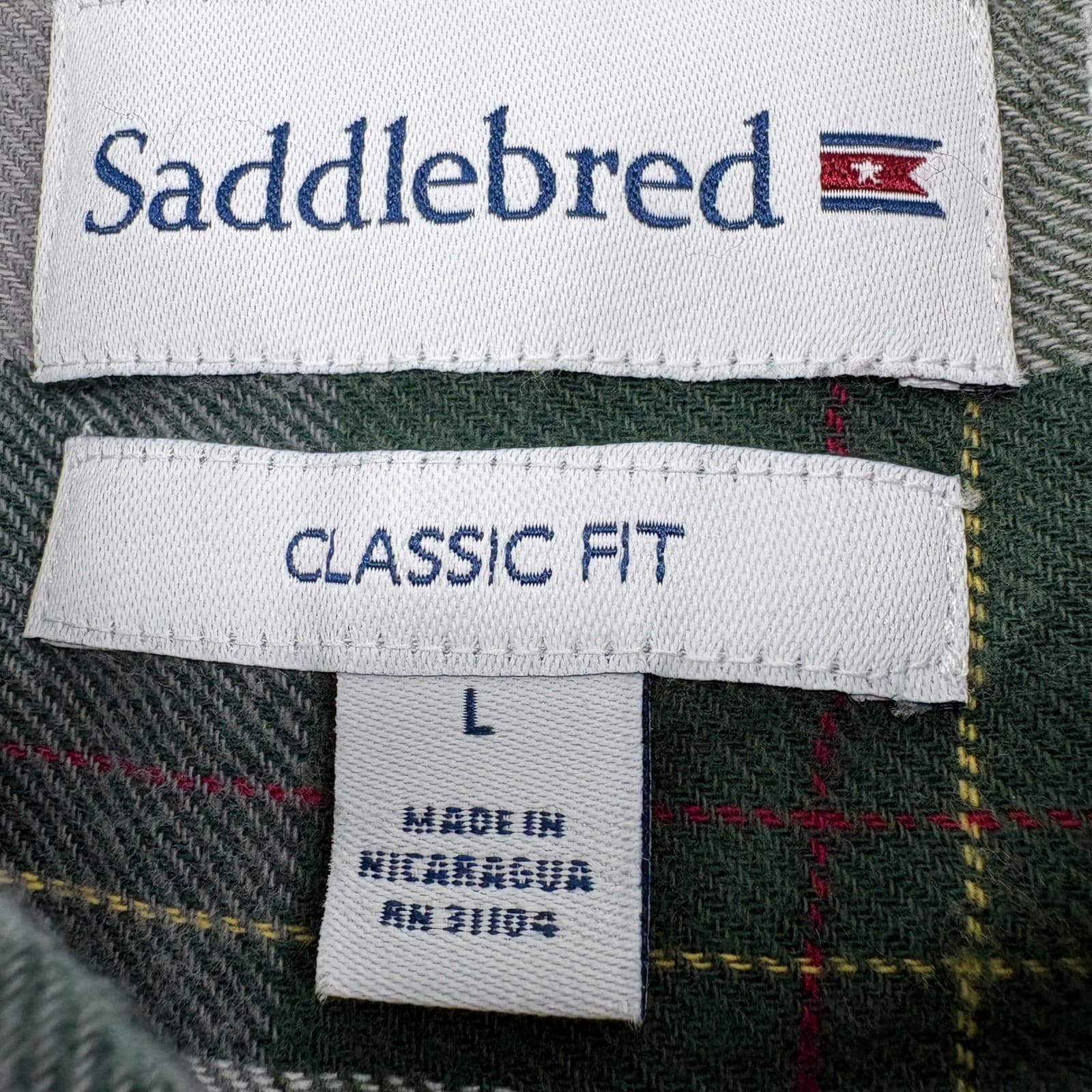 Saddlebred Flannel Mens L Shirt Green Grey Plaid Classic Fit Cotton Long Sleeve - Thumbnail 2