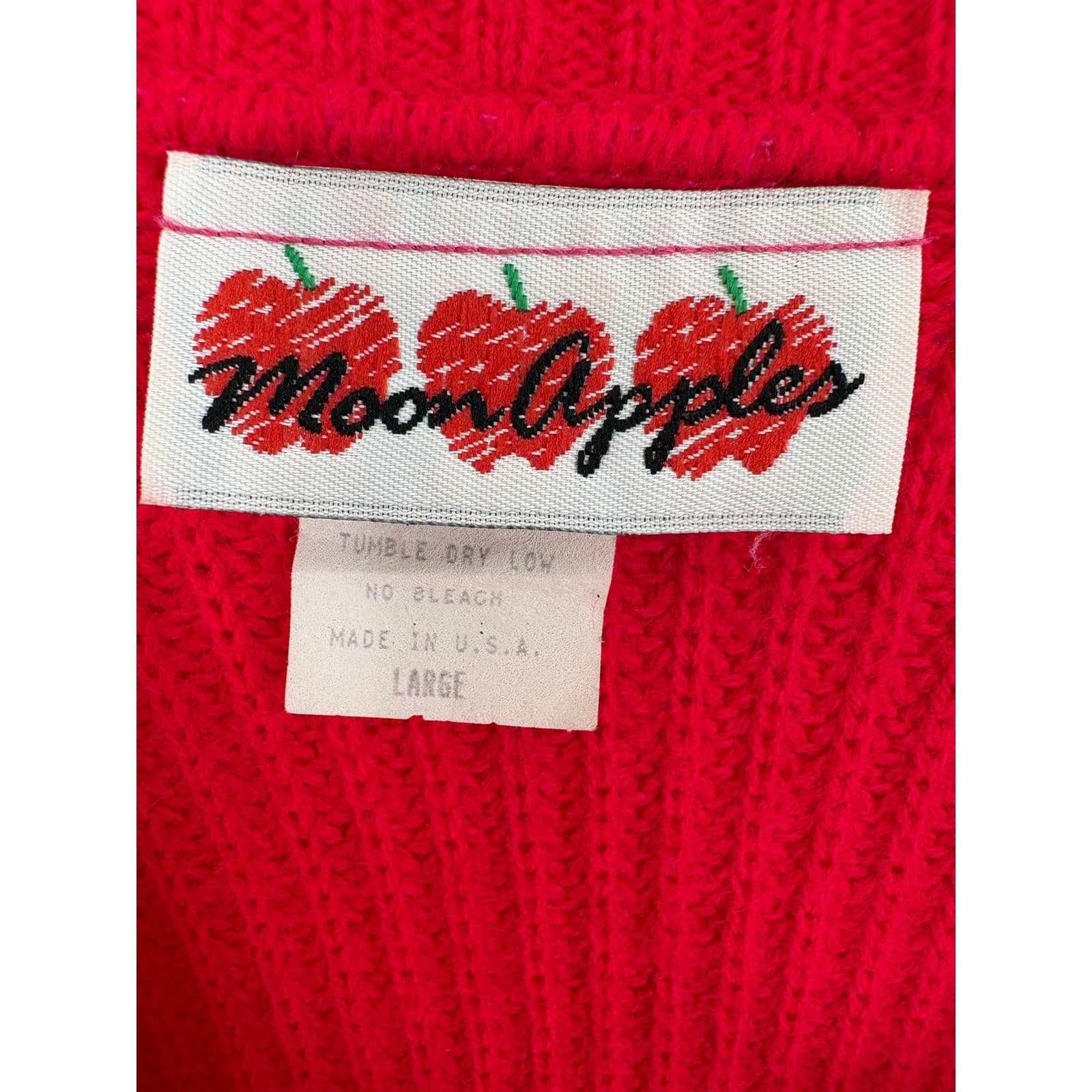Moon Apples Red V Neck Knit Sweater 34 Sleeve Made in USA Size Large - Thumbnail 2