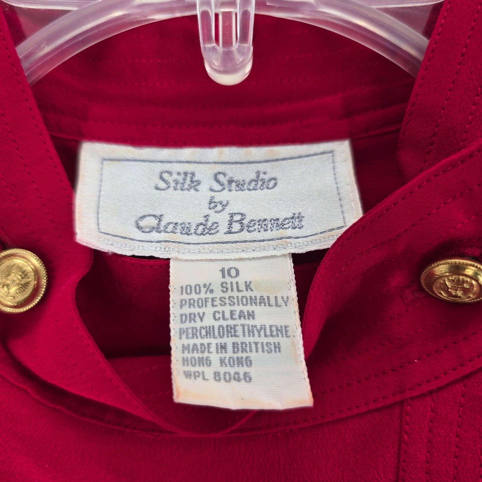 Silk Studio by Claude Bennett Blouse Womens 10 Top Red Silk Military Gold Button - Thumbnail 2