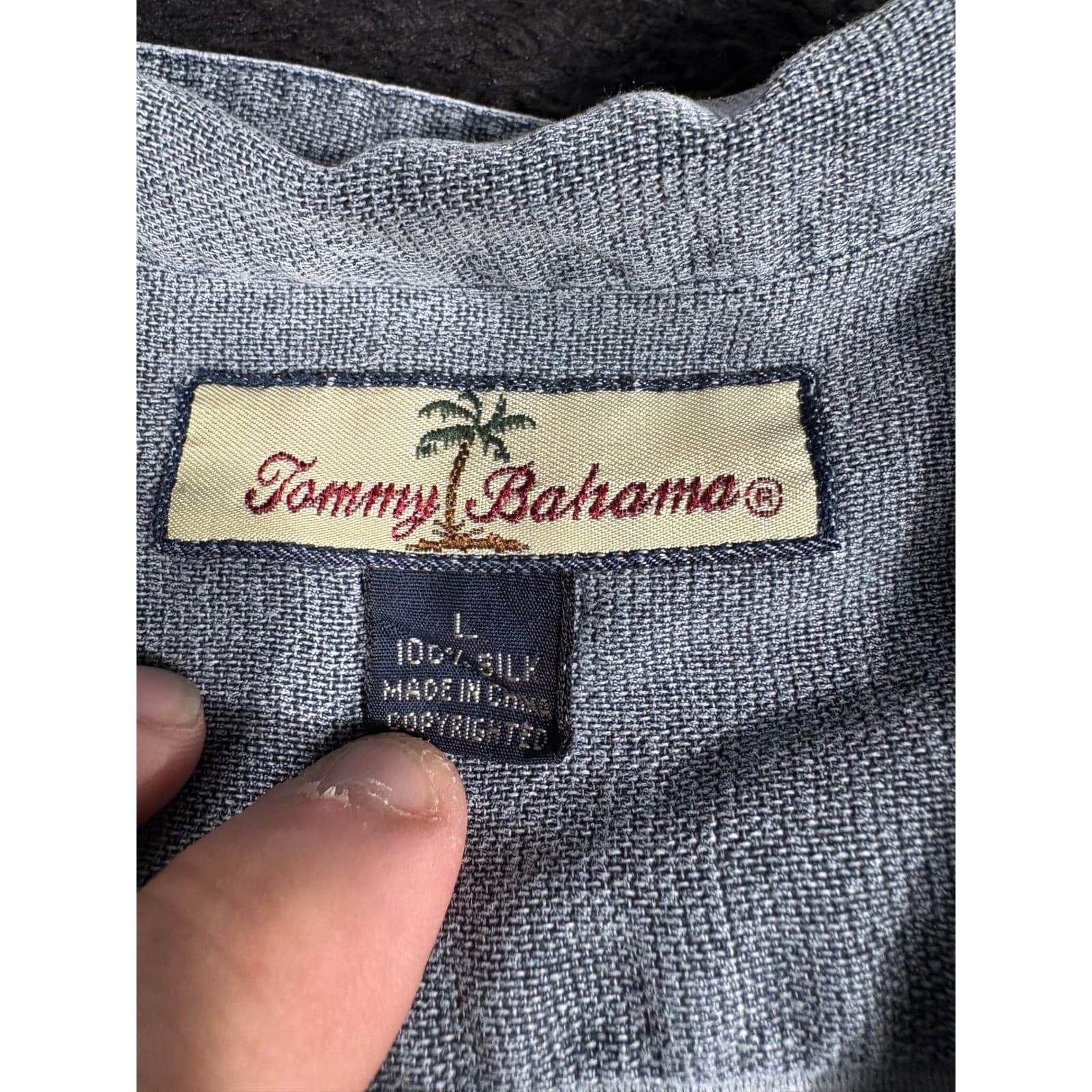 Tommy Bahama Silk Hawaiian Shirt Gray Hula Girl Palm Trees Mens Large - Thumbnail 5