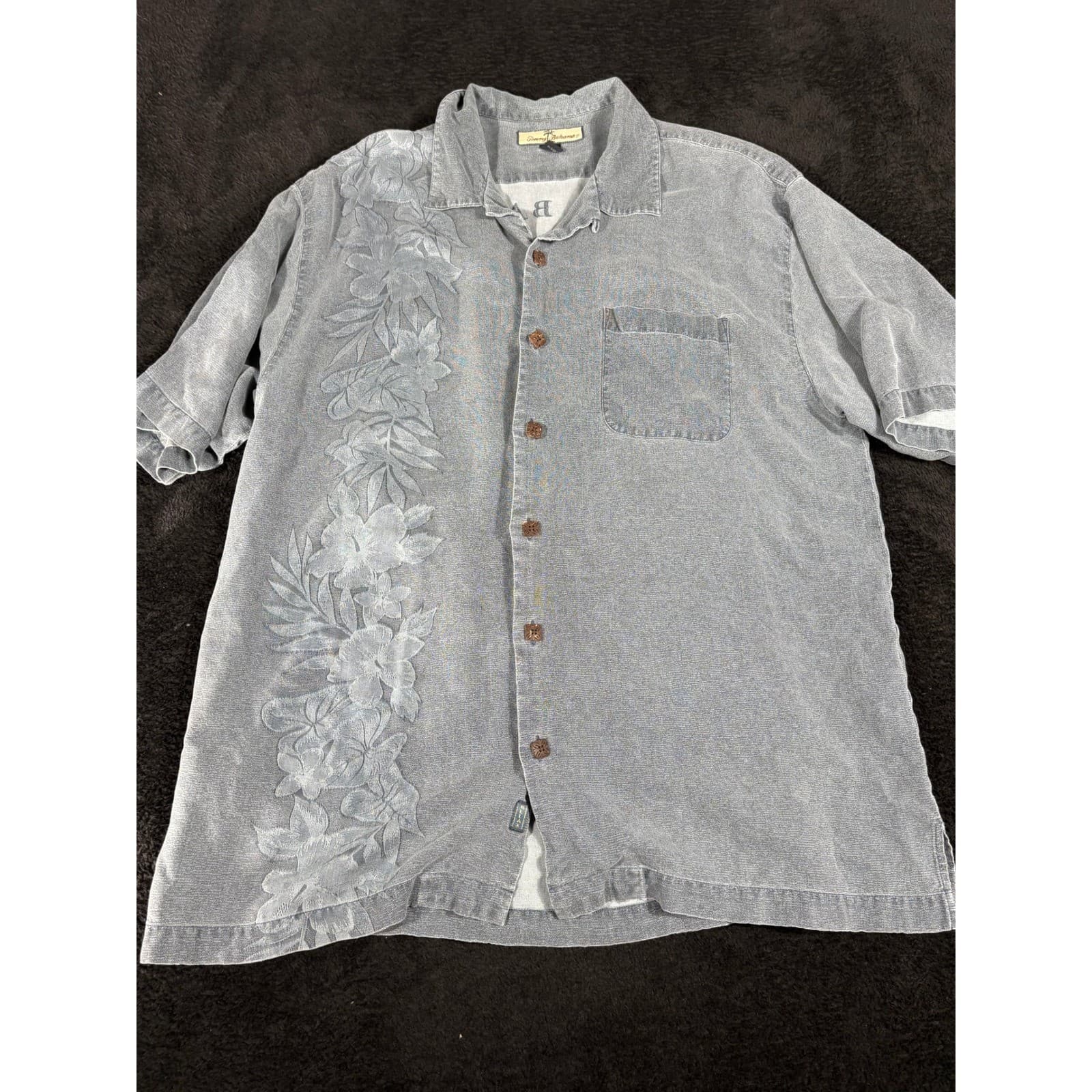 Tommy Bahama Silk Hawaiian Shirt Gray Hula Girl Palm Trees Mens Large - Thumbnail 4