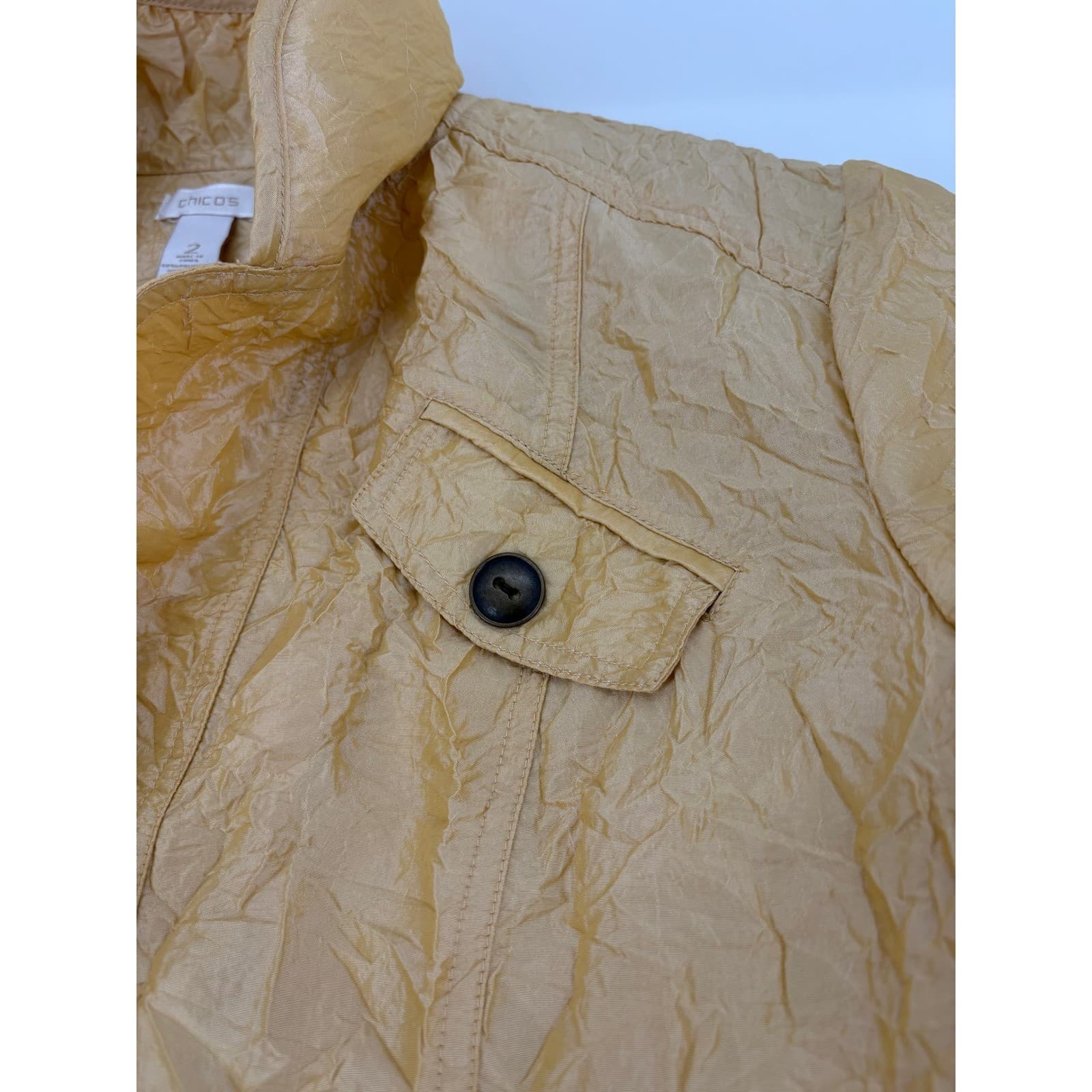 Chico's Women's Tan Crinkle Jacket Collared 3/4 Sleeve Button Front Size 2 - Thumbnail 7