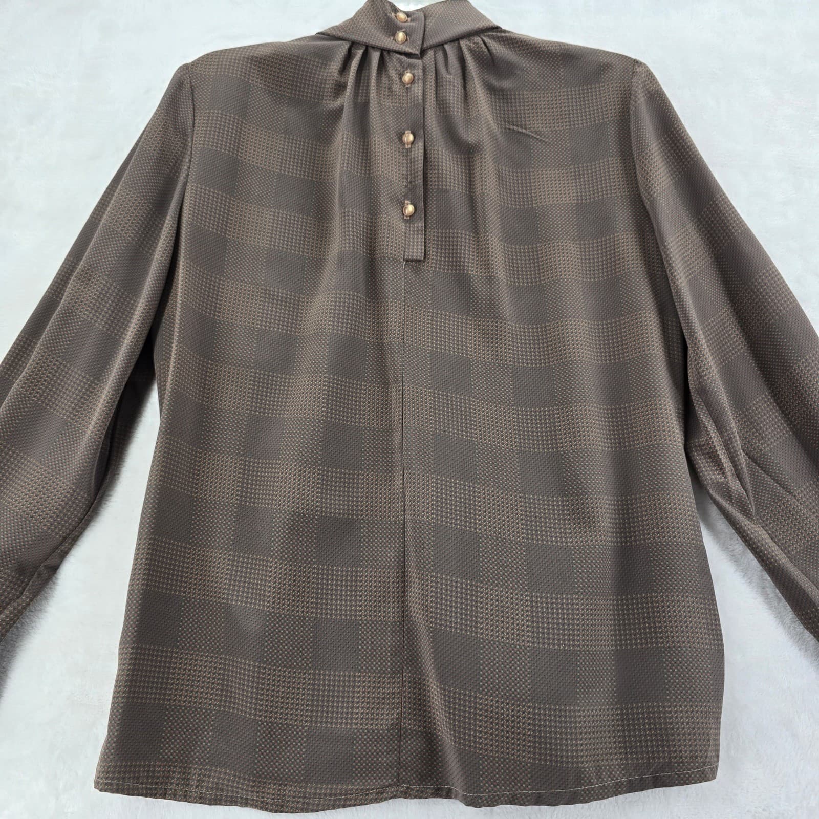 Laurence Vintage Blouse Womens Large Brown Check Mock Neck Long Sleeve L - Thumbnail 5