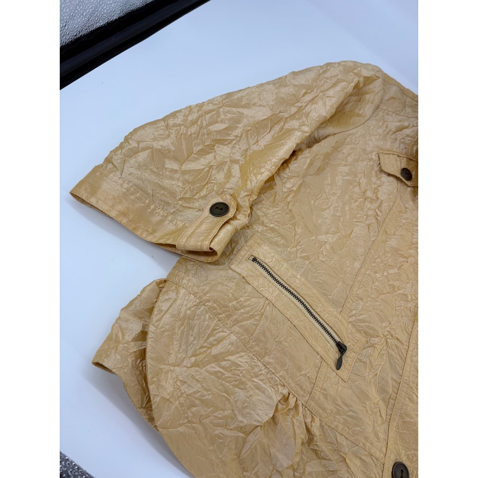 Chico's Women's Tan Crinkle Jacket Collared 3/4 Sleeve Button Front Size 2 - Thumbnail 5