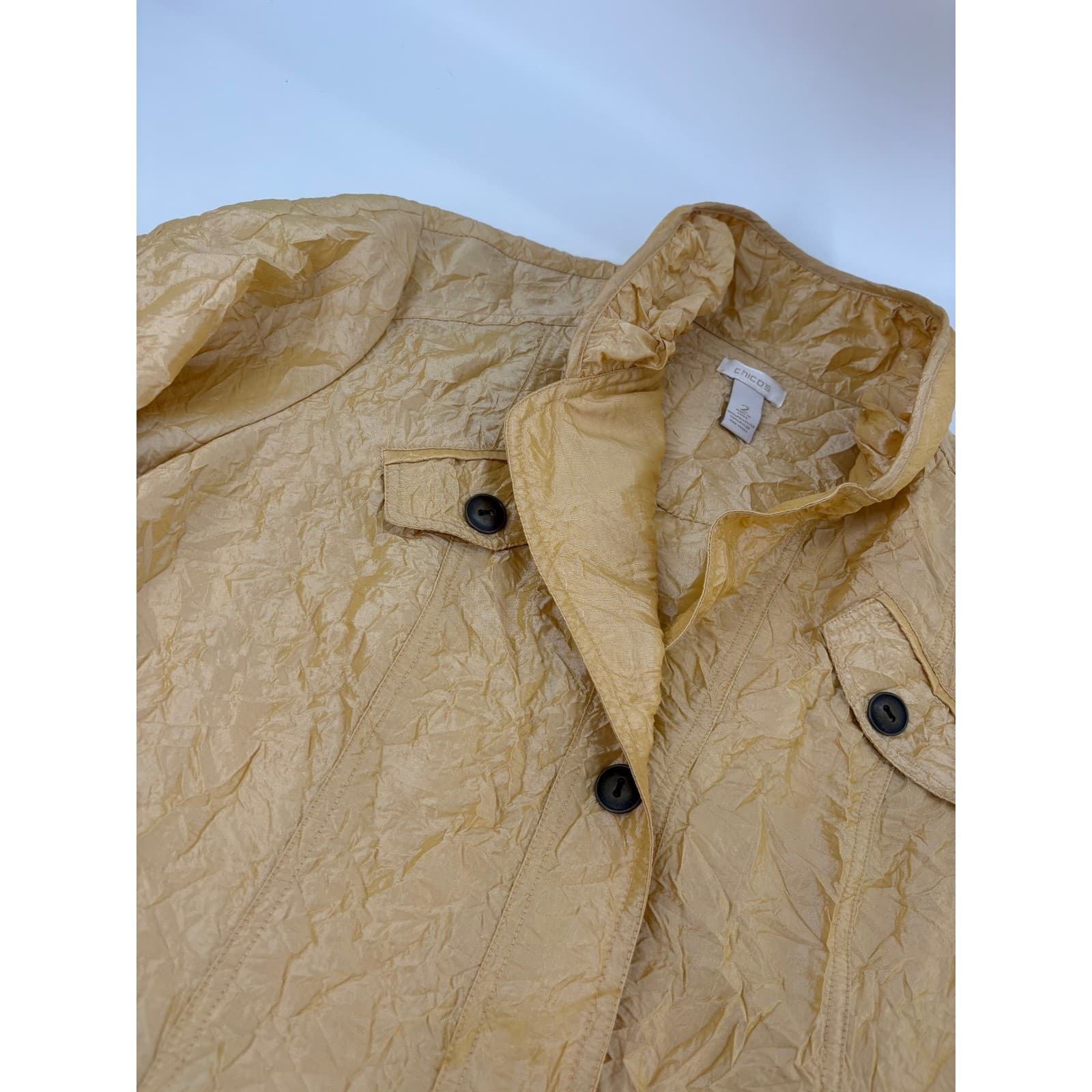 Chico's Women's Tan Crinkle Jacket Collared 3/4 Sleeve Button Front Size 2 - Thumbnail 6