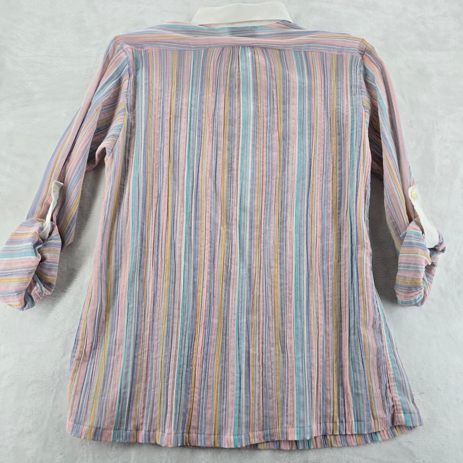 Shapely Button Up Womens L Tunic Multicolor Pastel Striped Roll Tab Sleeve - Thumbnail 5
