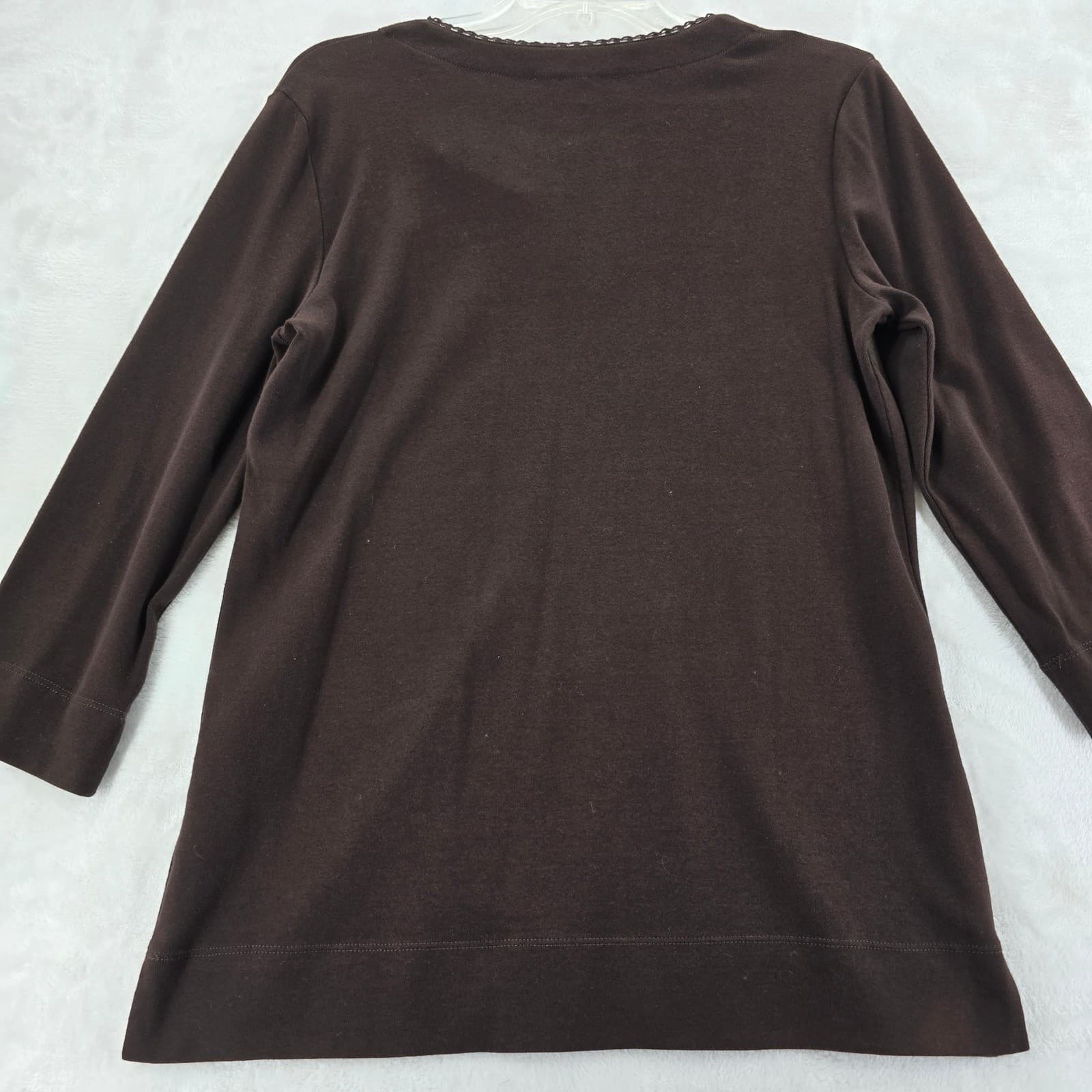 Jones New York Top Womens M Shirt Brown Cotton Split Neck 3/4 Sleeve - Thumbnail 7