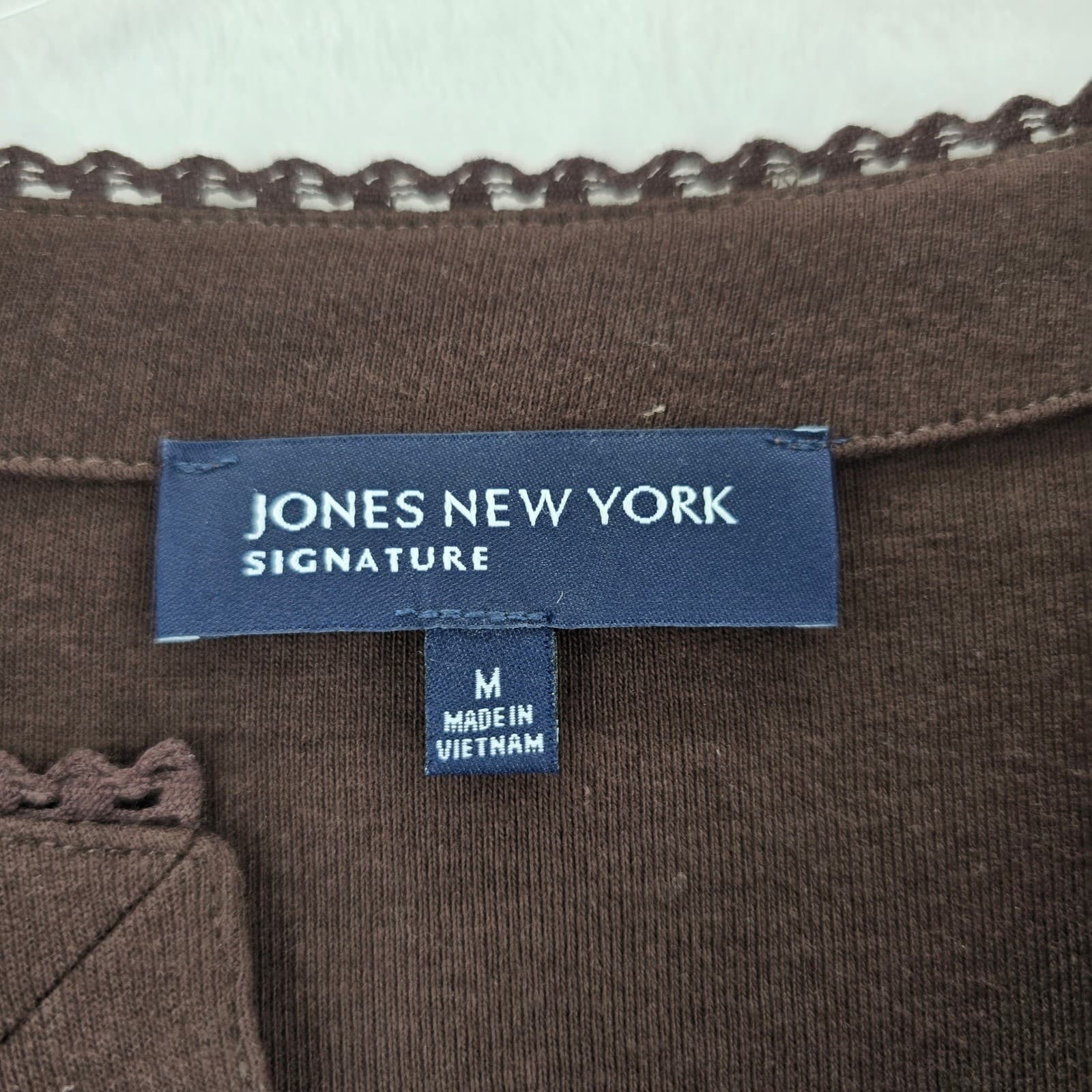 Jones New York Top Womens M Shirt Brown Cotton Split Neck 3/4 Sleeve - Thumbnail 2