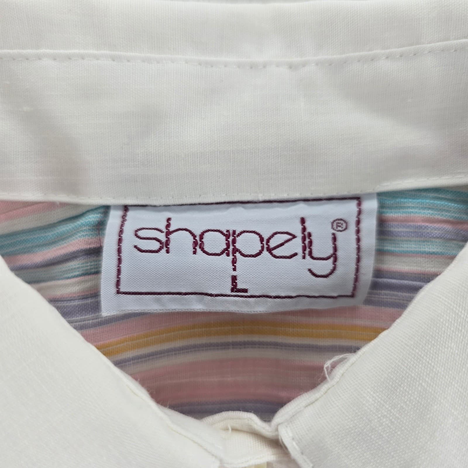Shapely Button Up Womens L Tunic Multicolor Pastel Striped Roll Tab Sleeve - Thumbnail 2