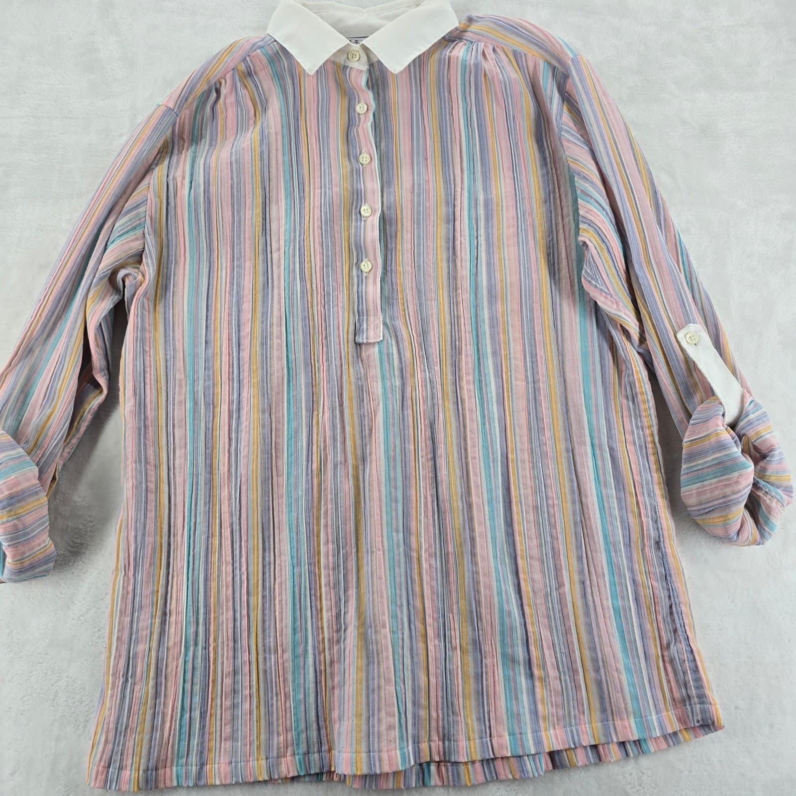 Shapely Button Up Womens L Tunic Multicolor Pastel Striped Roll Tab Sleeve