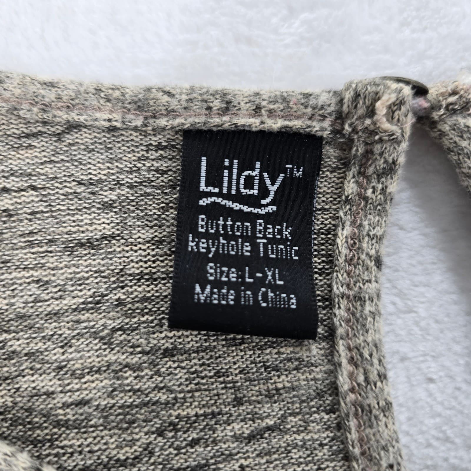Lildy Tunic Womens L-XL Tunic Gray Lace Sleeve Marled Knit Button Back Keyhole - Thumbnail 2