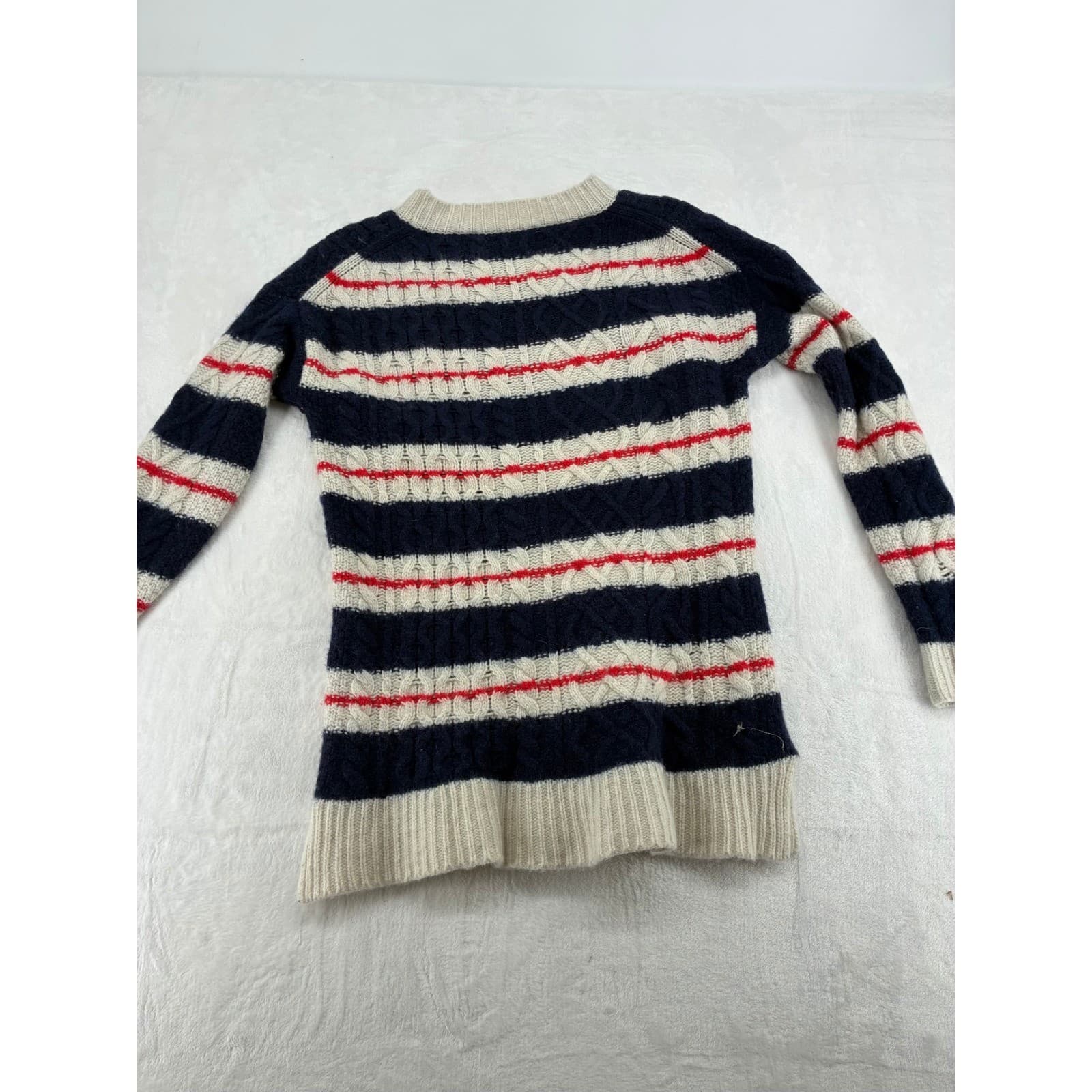J. Crew Sweater Mens M Sweater Navy Cream Red Striped Cable Knit Merino Wool - Thumbnail 6