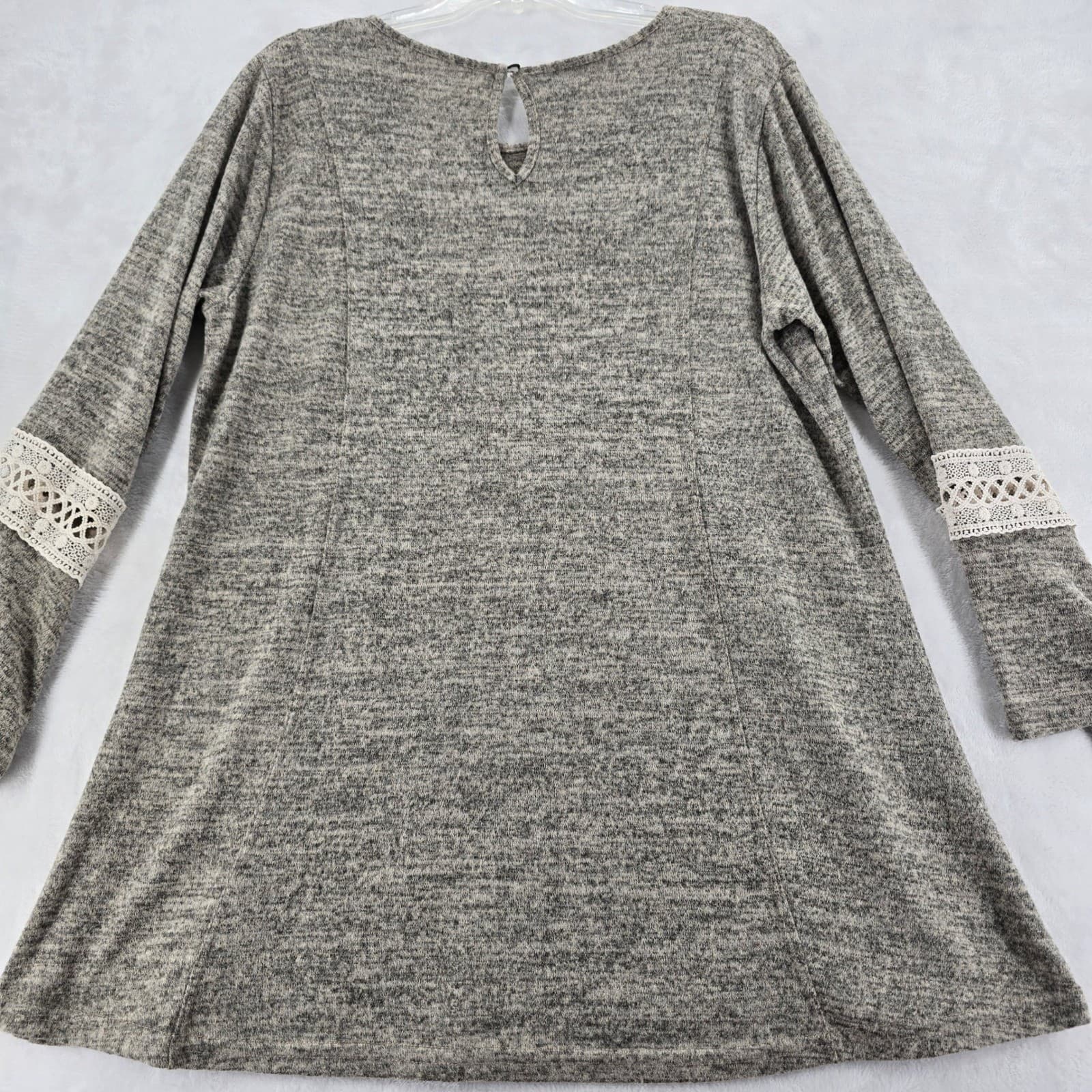 Lildy Tunic Womens L-XL Tunic Gray Lace Sleeve Marled Knit Button Back Keyhole - Thumbnail 6