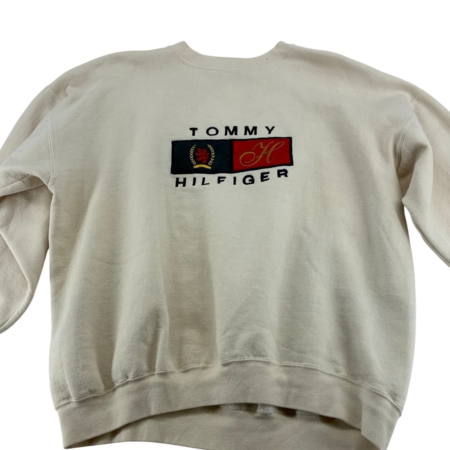 Tommy Hilfiger Sweatshirt Mens XL Crewneck Cream Embroidered Logo Vintage Stains