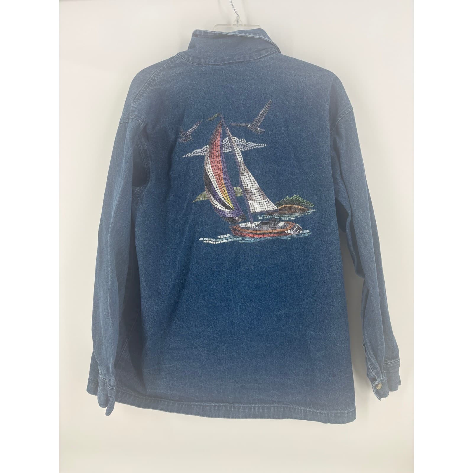 Gemini II Denim Jacket Lighthouse Sailboat Embroidered Nautical Blue Size M - Thumbnail 3