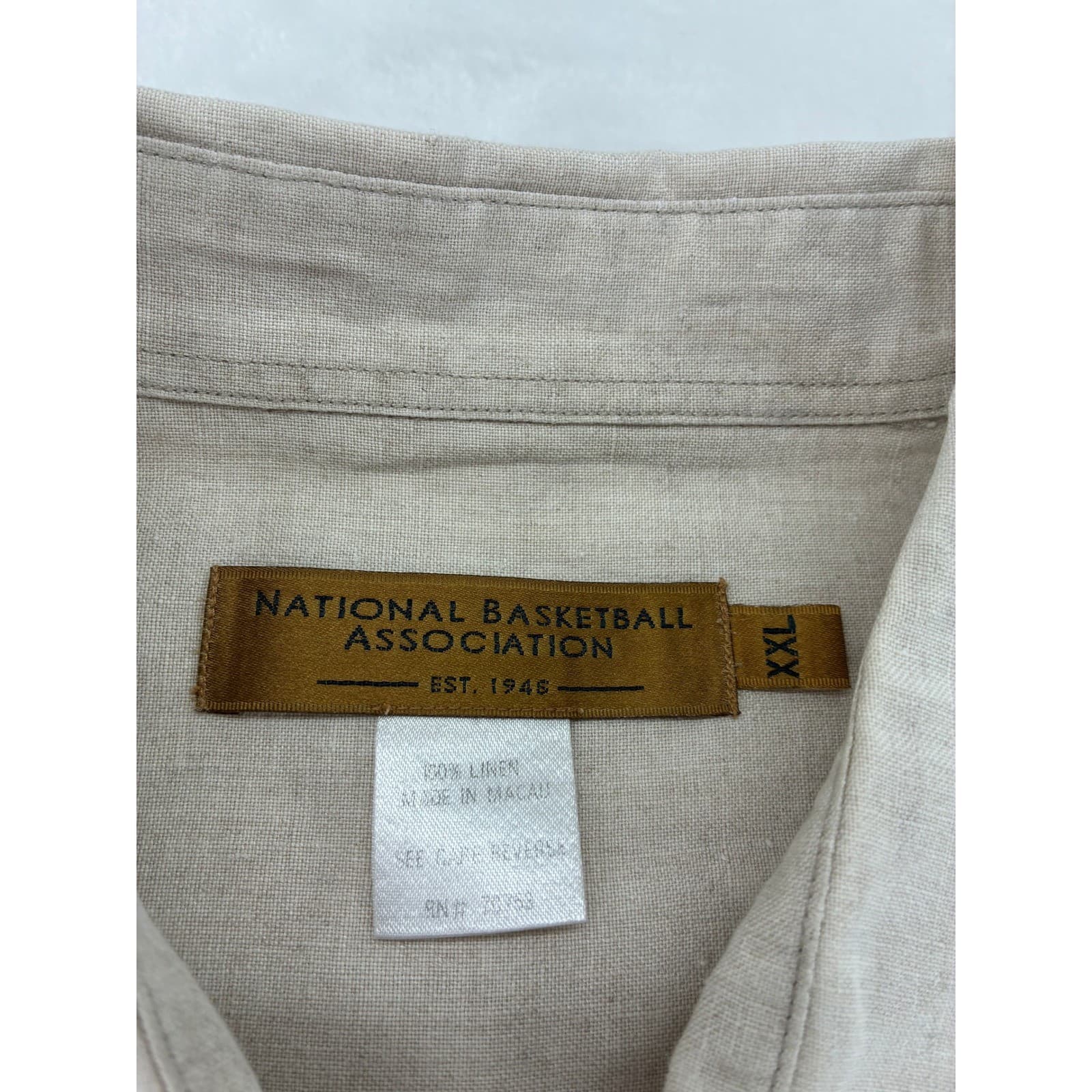 NBA Button Up Mens XXL Shirt Tan 100% Linen Short Sleeve Pocket Beige - Thumbnail 2