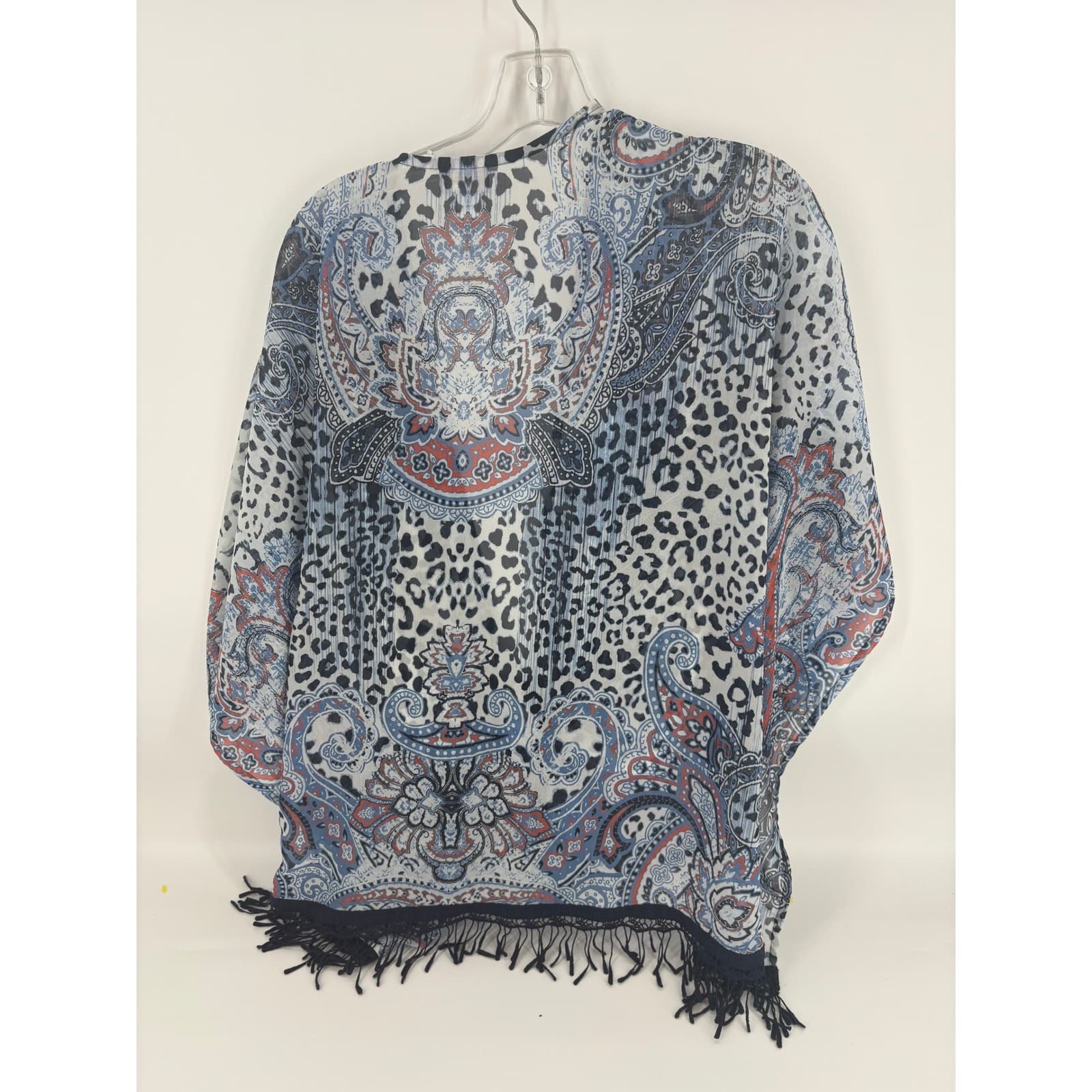 Chicos Kimono Topper M/L Paisley Leopard Fringe Blue Red Bohemian Festival - Thumbnail 3