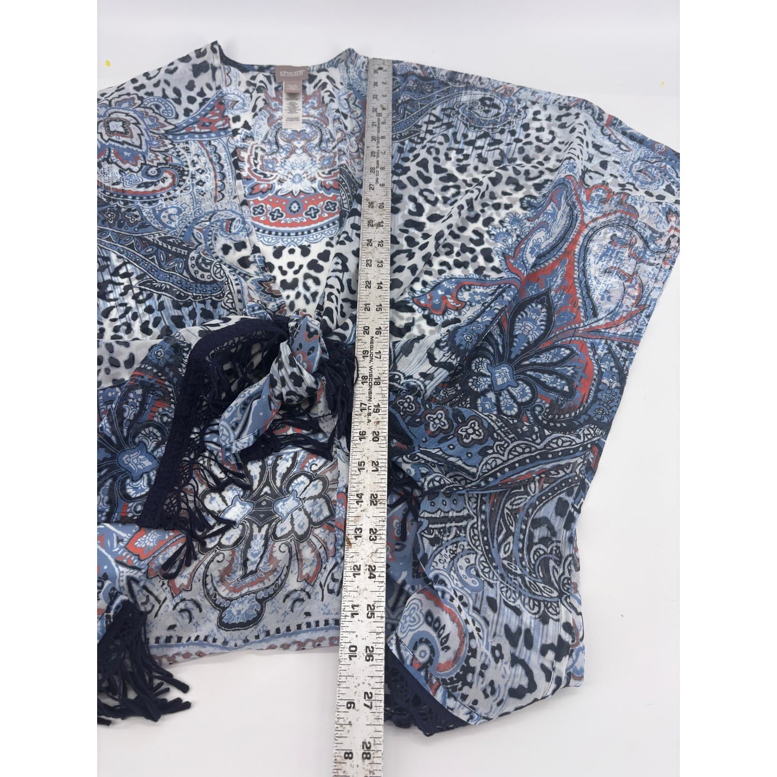 Chicos Kimono Topper M/L Paisley Leopard Fringe Blue Red Bohemian Festival - Thumbnail 4