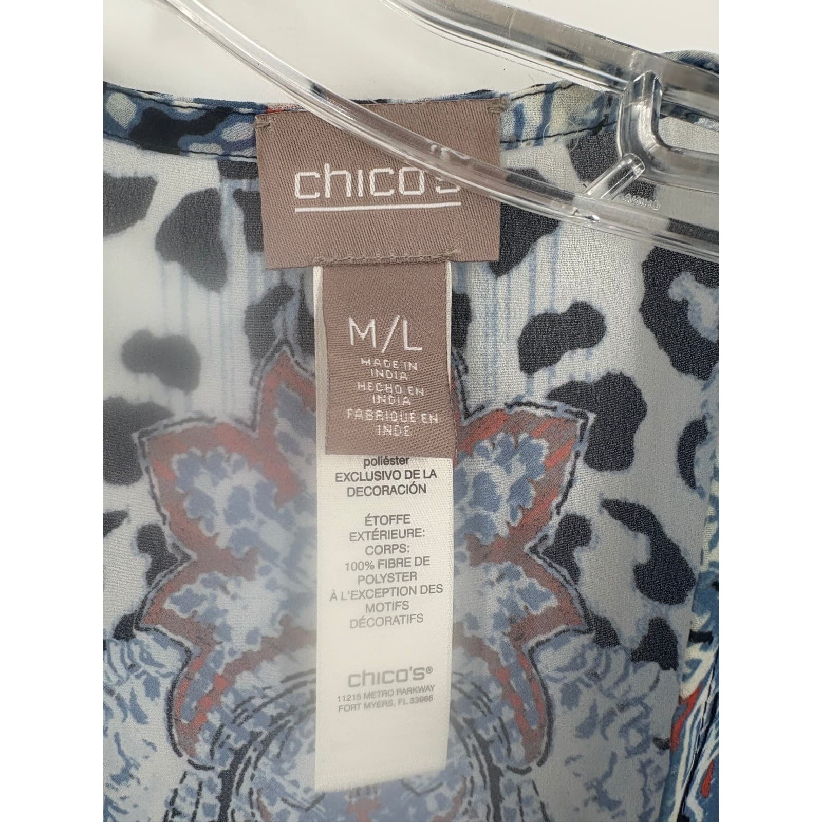 Chicos Kimono Topper M/L Paisley Leopard Fringe Blue Red Bohemian Festival - Thumbnail 2