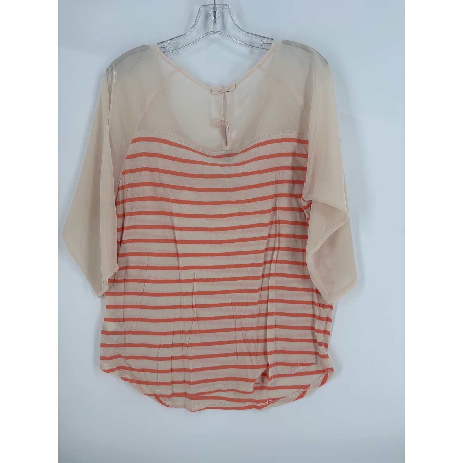 Lauren Conrad Striped Sheer Sleeve Top Blouse Coral Cream Women's Size L - Thumbnail 2
