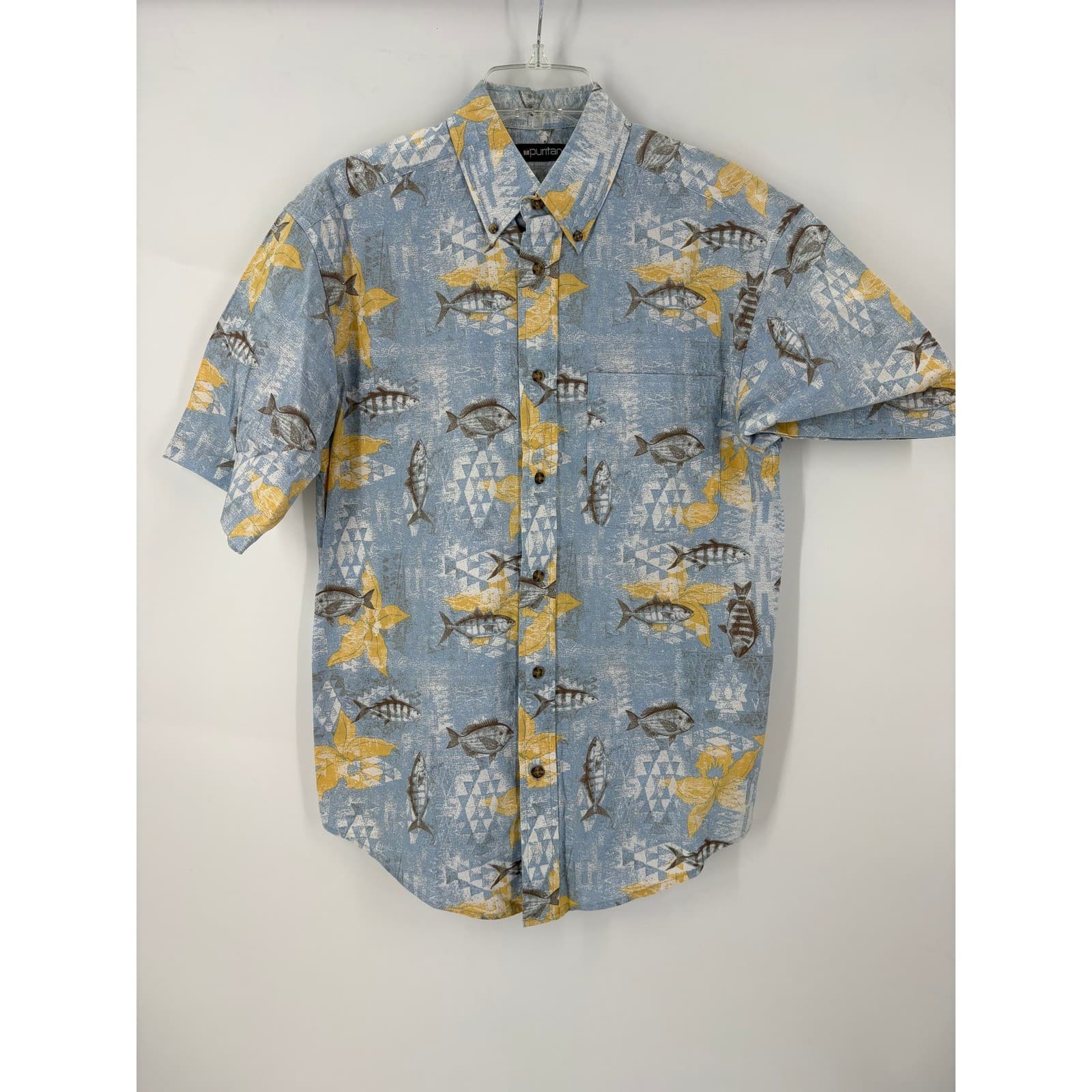 Puritan Mens Small Fish Print Short Sleeve Button Up Shirt Casual Beach Vacation - Thumbnail 2