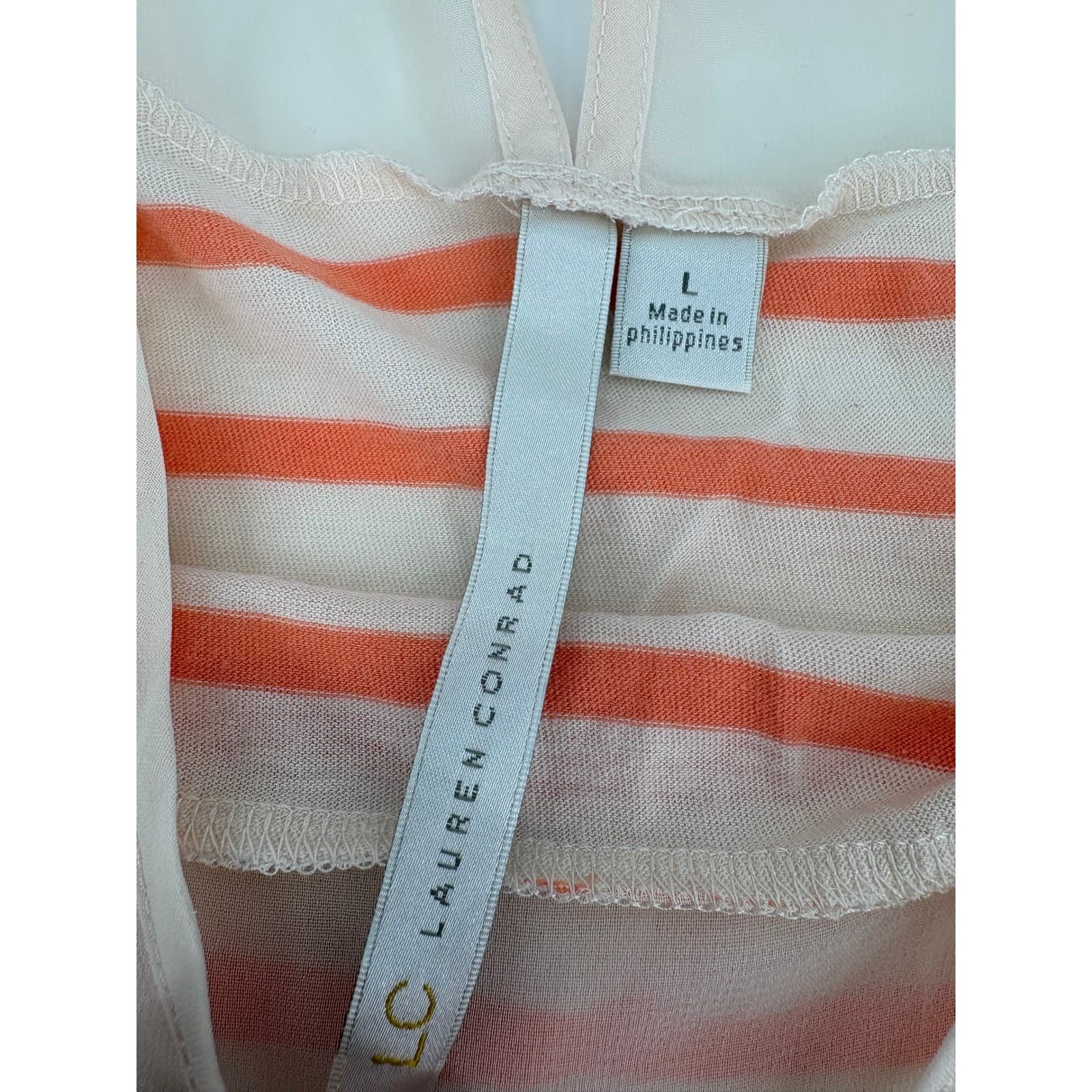 Lauren Conrad Striped Sheer Sleeve Top Blouse Coral Cream Women's Size L - Thumbnail 3