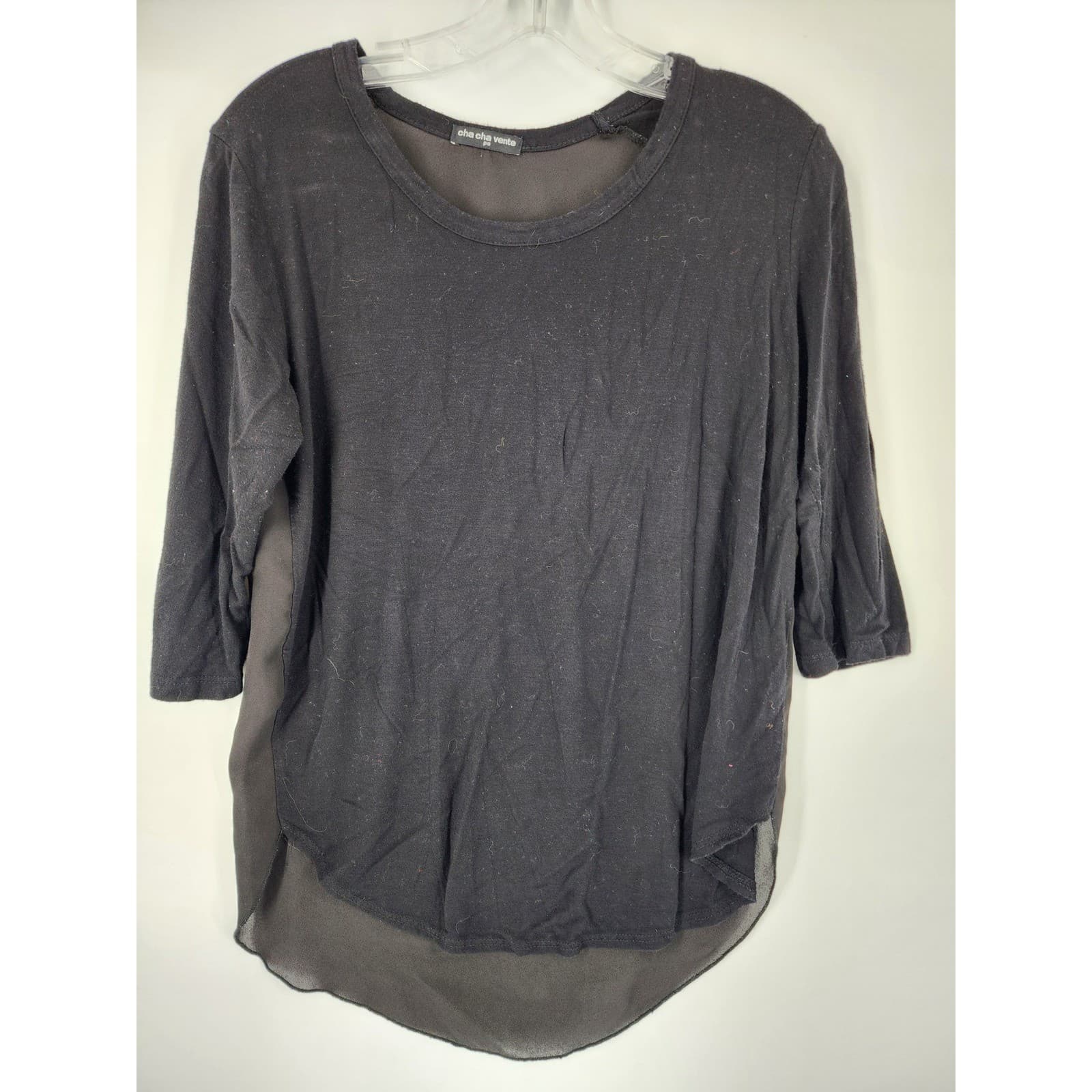 Cha Cha Vente Black Three Quarter Sleeve Sheer Hem Top Women's Petite Small