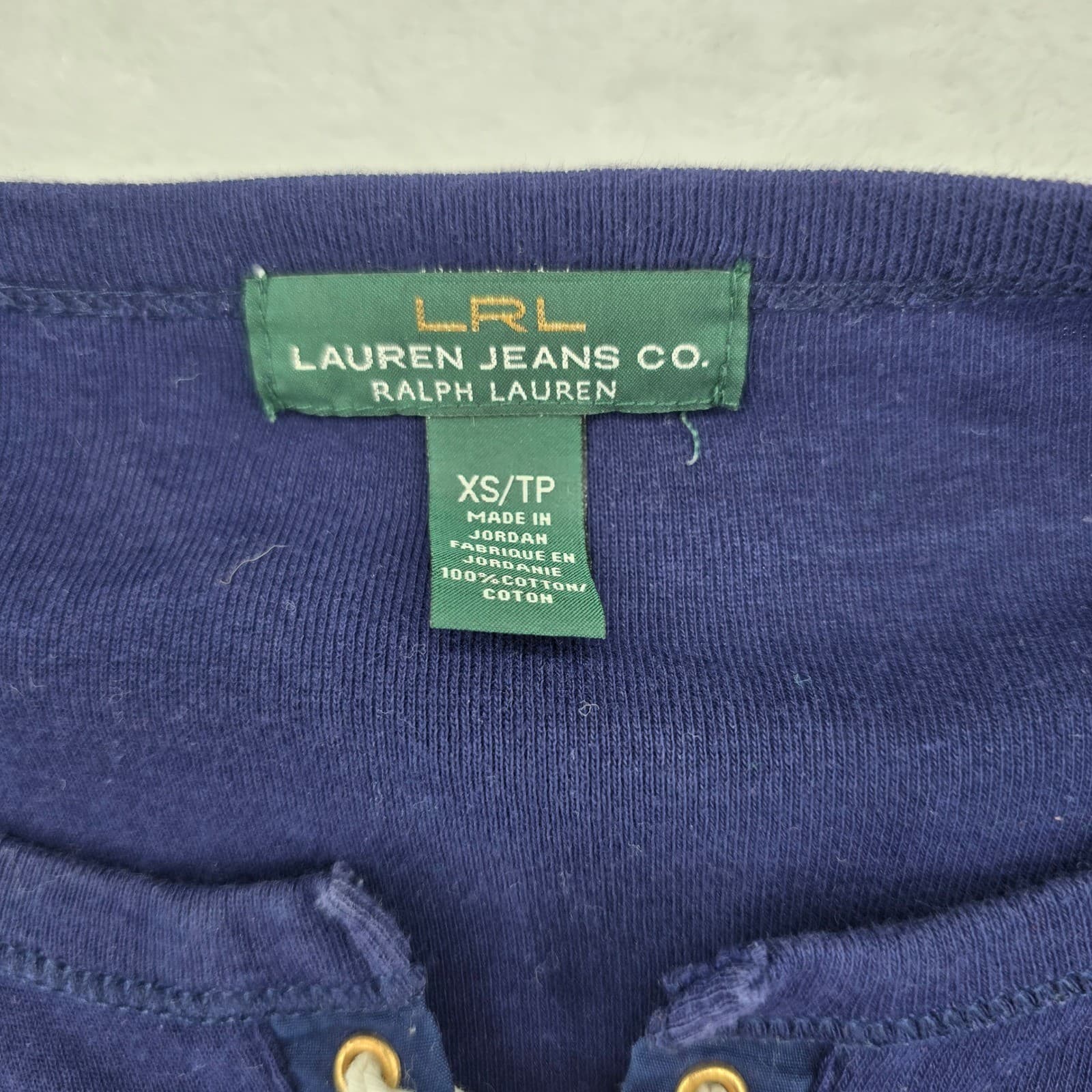 Lauren Jeans Co Ralph Top Womens XS Shirt Navy Blue Striped Lace Up Cotton - Thumbnail 2