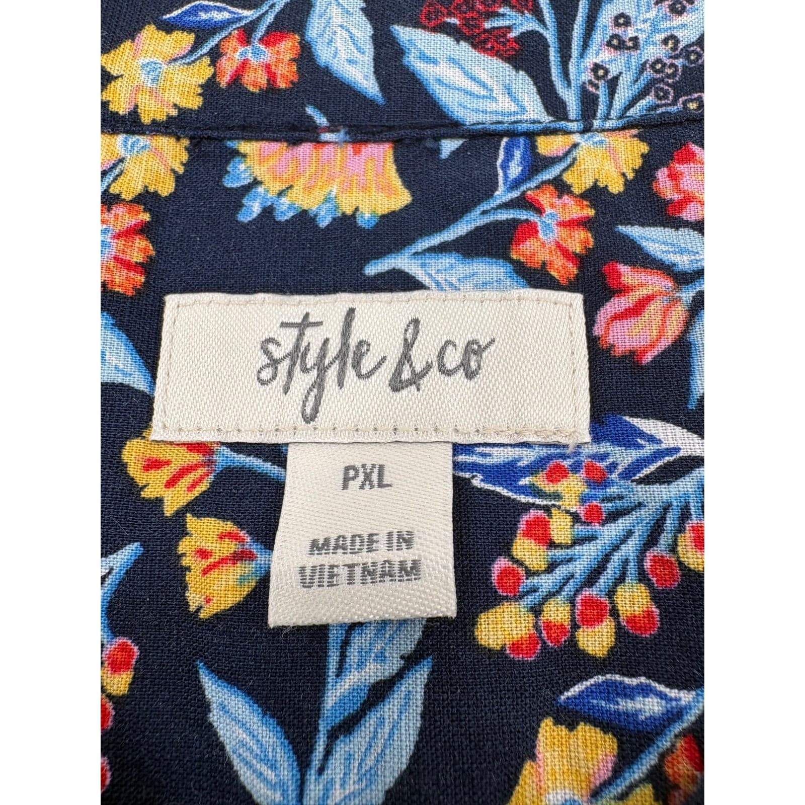 Style & Co Blouse Womens PXL Top Navy Blue Floral Cotton Long Sleeve Tie Neck - Thumbnail 2