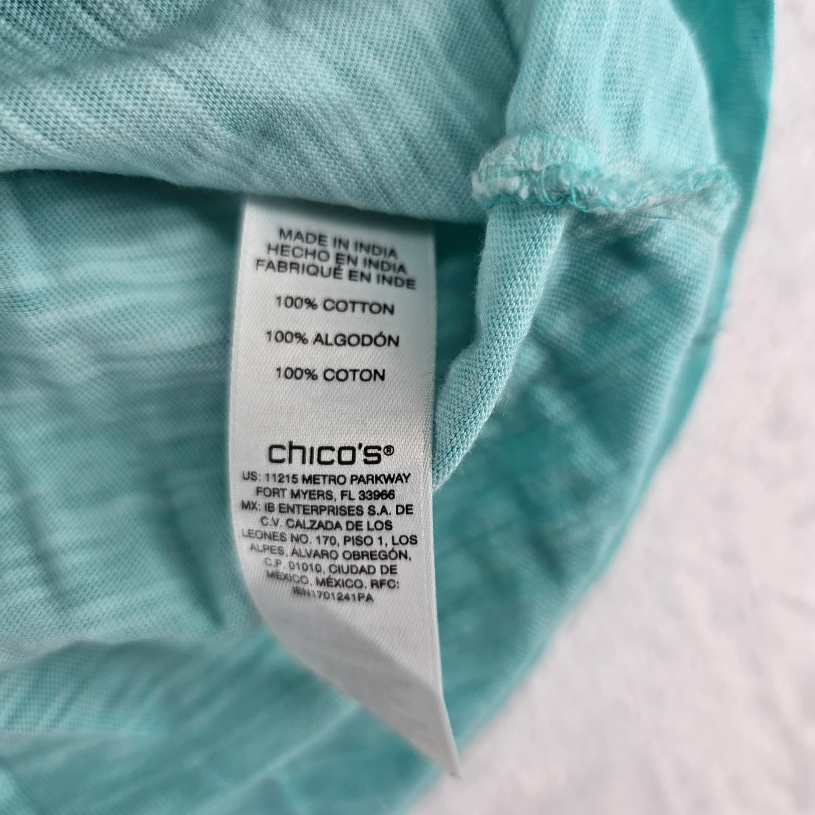 Chico's Top Womens 3 Tee Teal Eyelet Sleeve Side Tie V-Neck Slub Cotton 6759 - Thumbnail 3