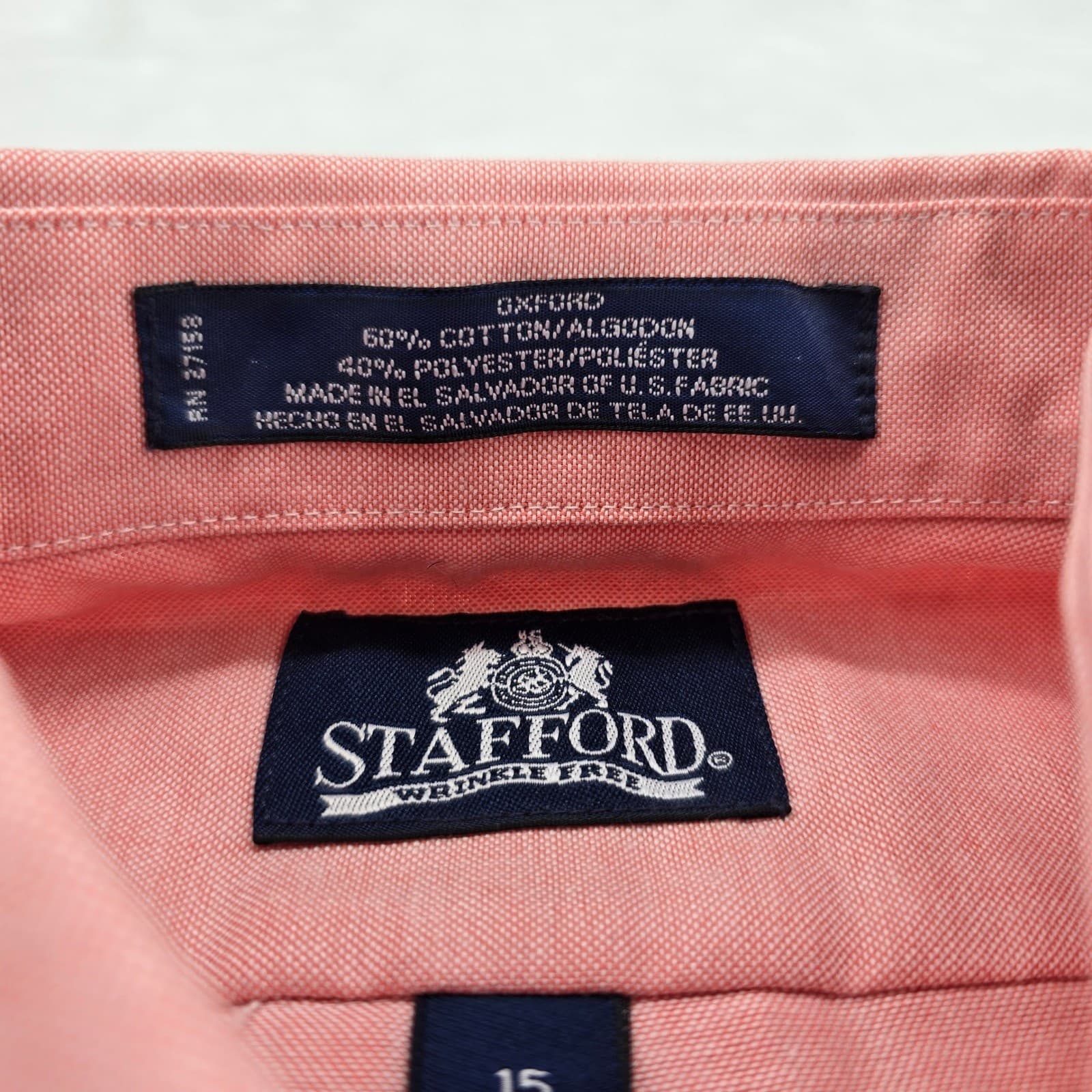 Stafford Button Down Mens 15 Short Sleeve Coral Pink Wrinkle Free Oxford Shirt - Thumbnail 3